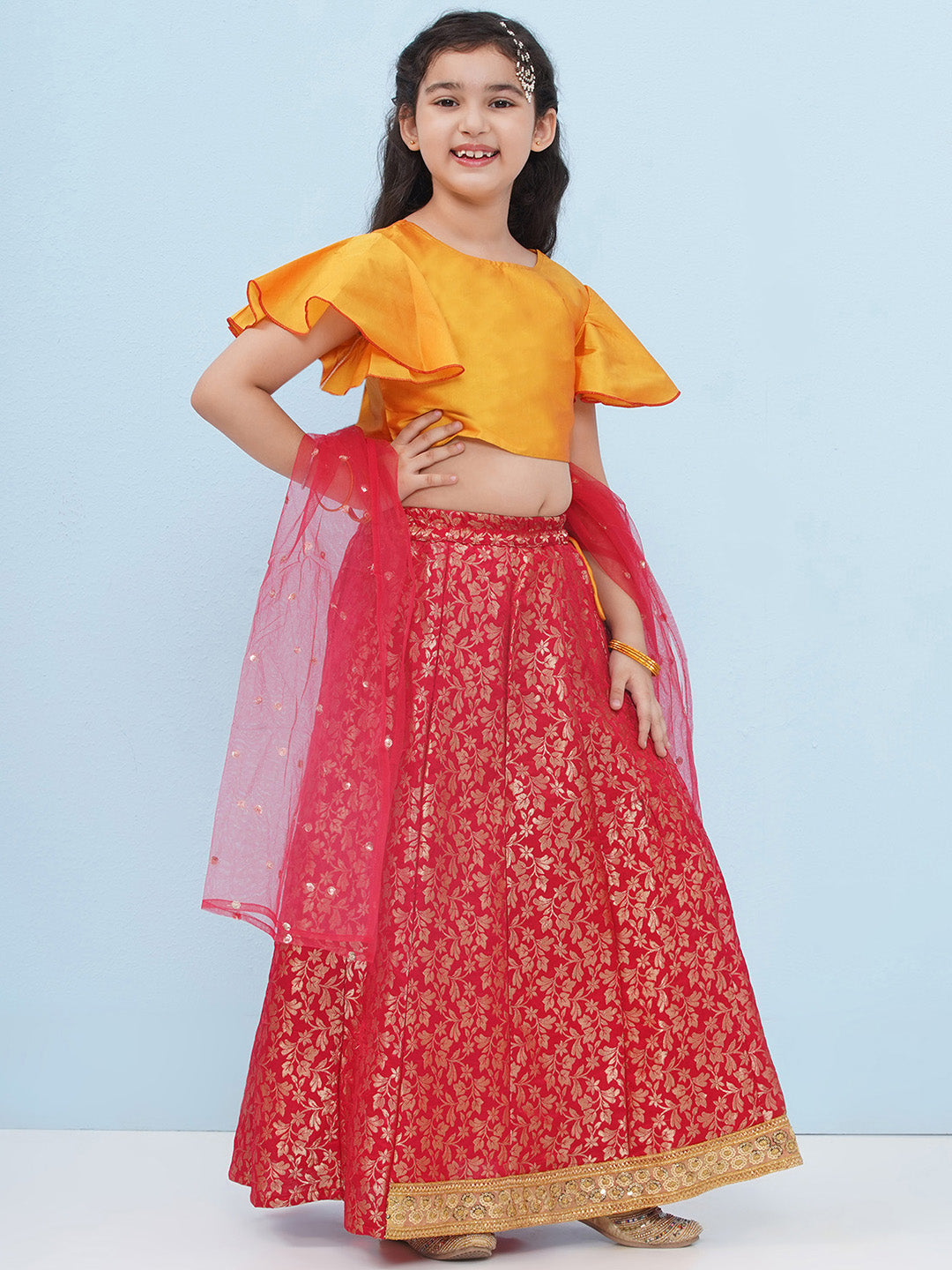 RED Brocade Half Sleeves Jal Embroidery Lehenga Choli for Girls