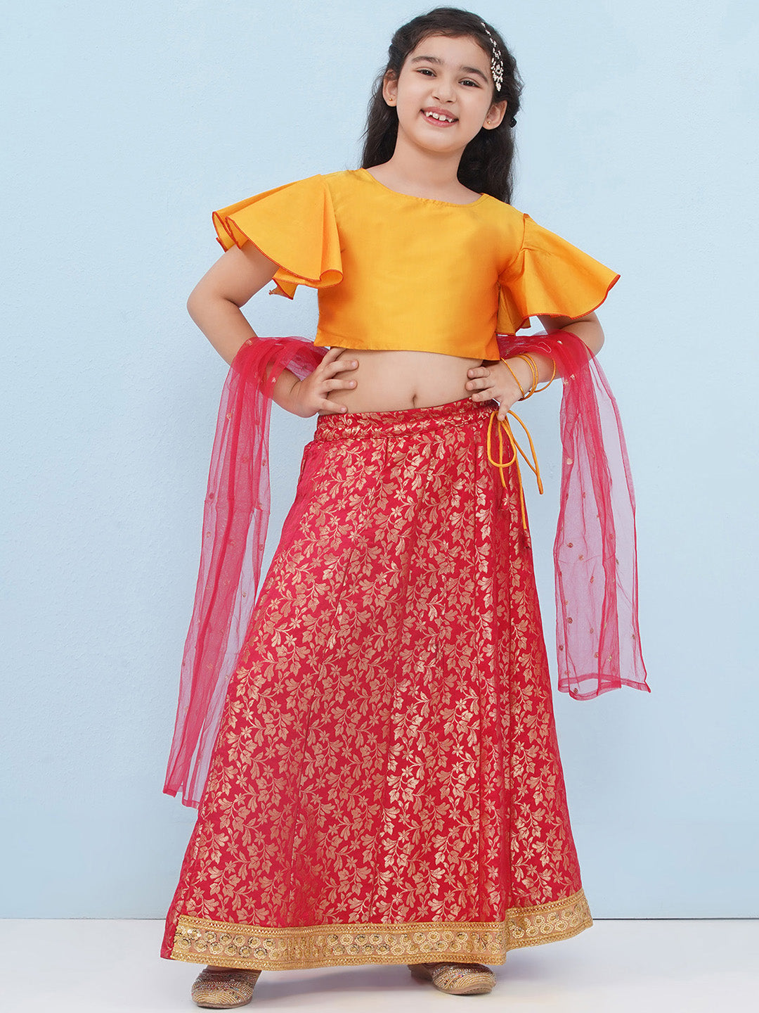 RED Brocade Half Sleeves Jal Embroidery Lehenga Choli for Girls