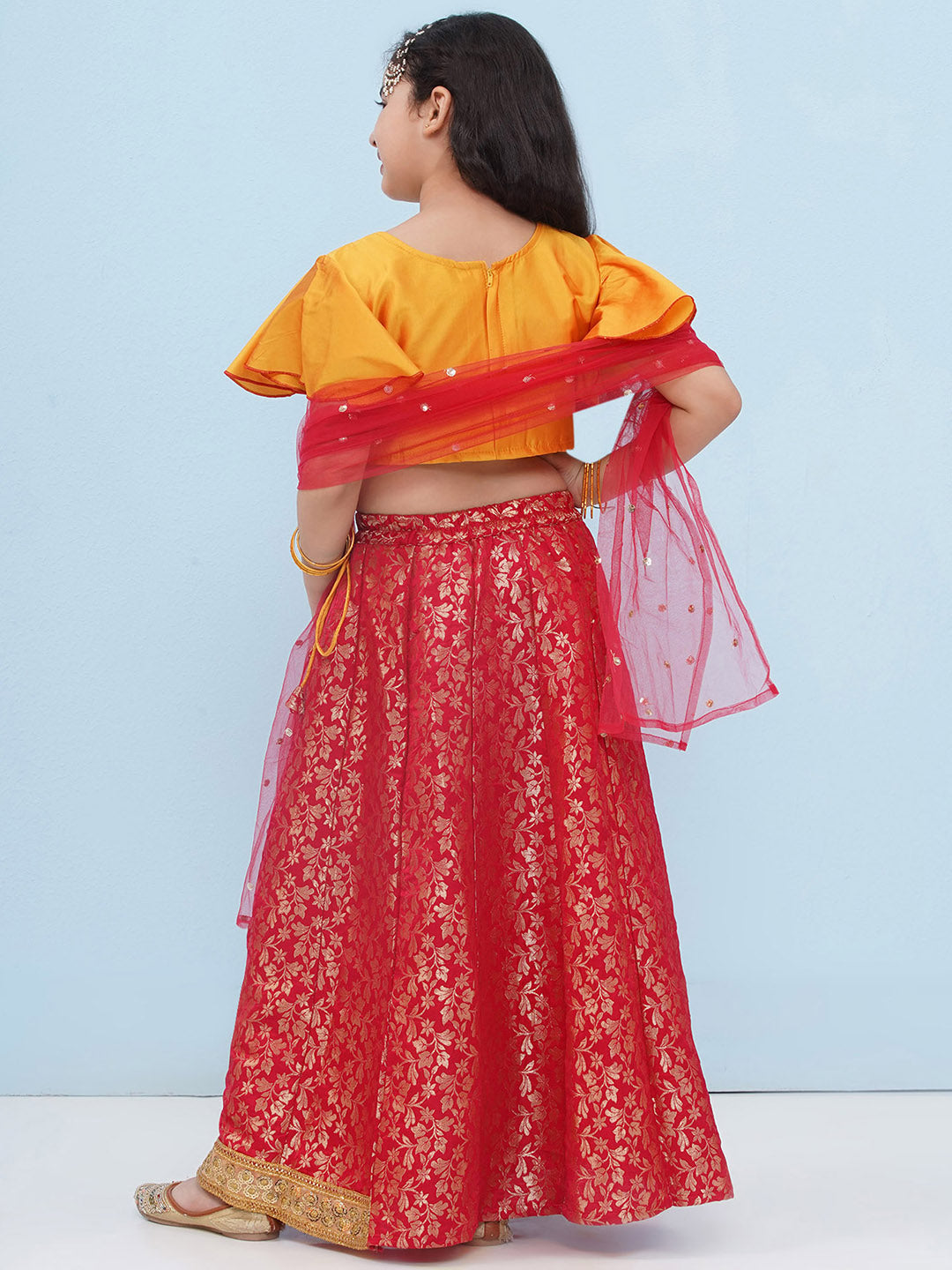 RED Brocade Half Sleeves Jal Embroidery Lehenga Choli for Girls