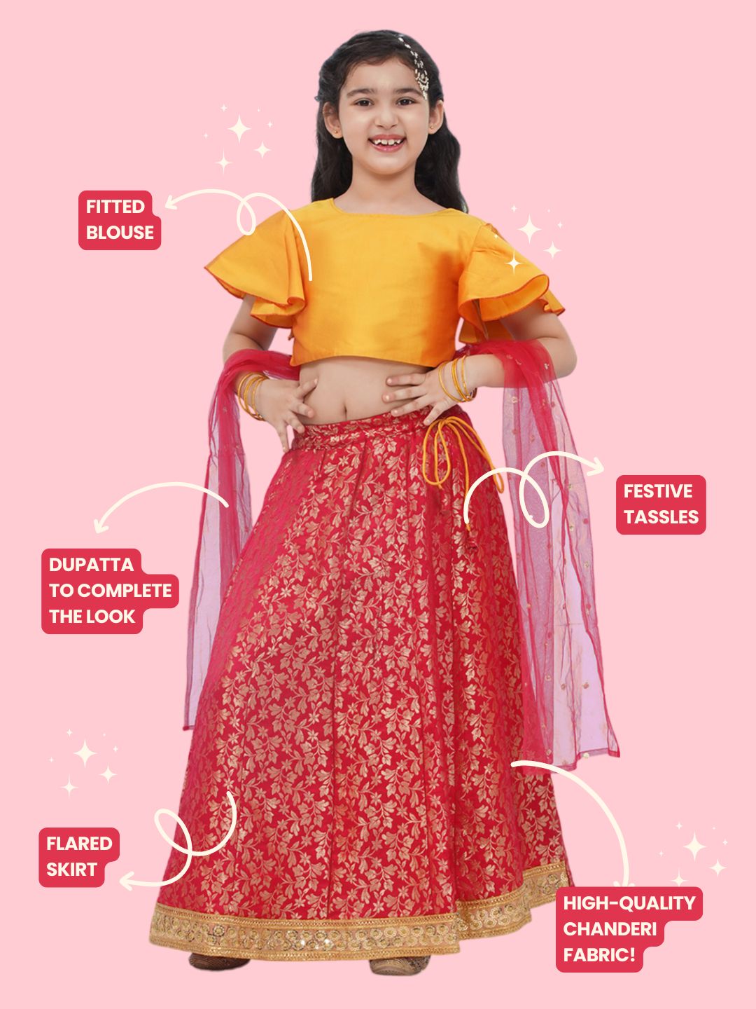 RED Brocade Half Sleeves Jal Embroidery Lehenga Choli for Girls