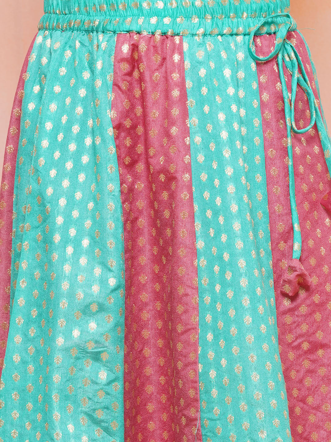 Girls Brocade Embroidered Print Turquoise Sleeveless Lehenga Choli Set For