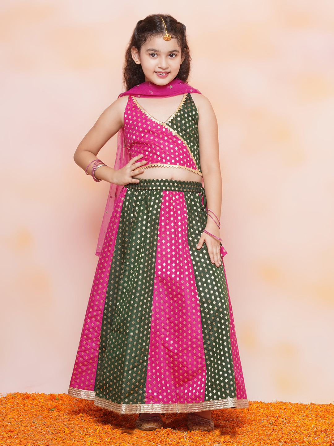 Kids Ethnic Wear Girls Green Embellished Brocade Lehenga Choli
