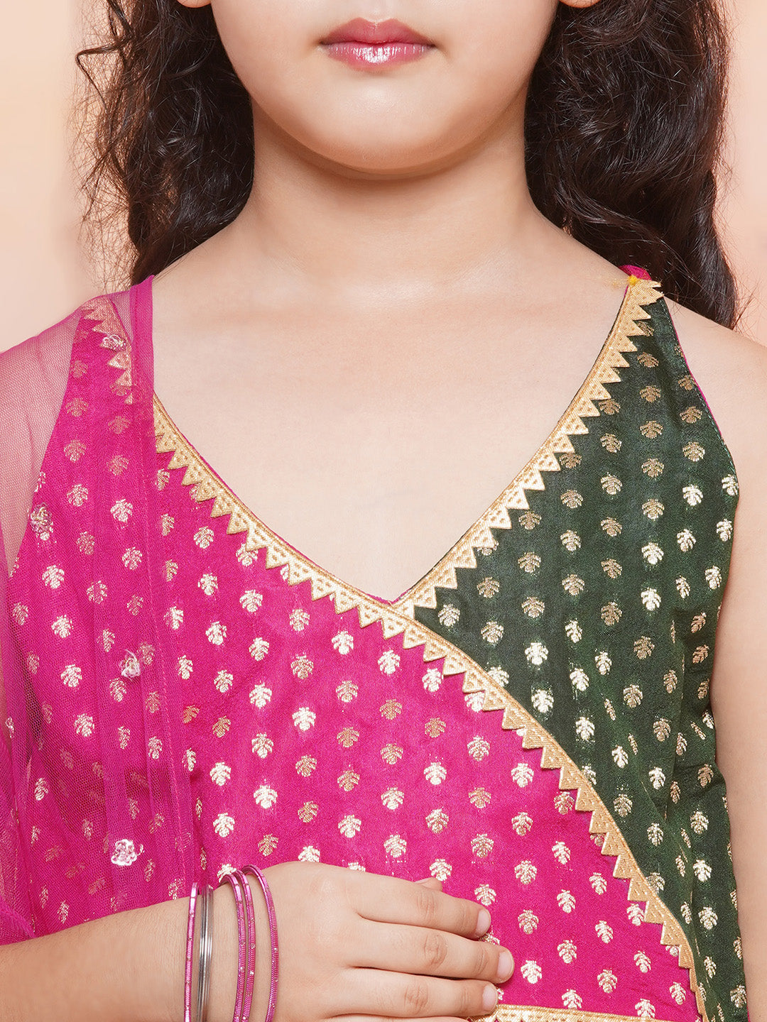 Kids Ethnic Wear Girls Green Embellished Brocade Lehenga Choli