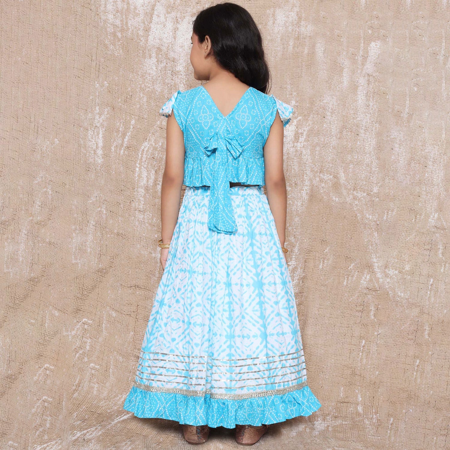Boys Bandhani Pure Cotton Kurta Pyjamas and Girls Lehenga Sibling sets-Blue - AJ Dezines