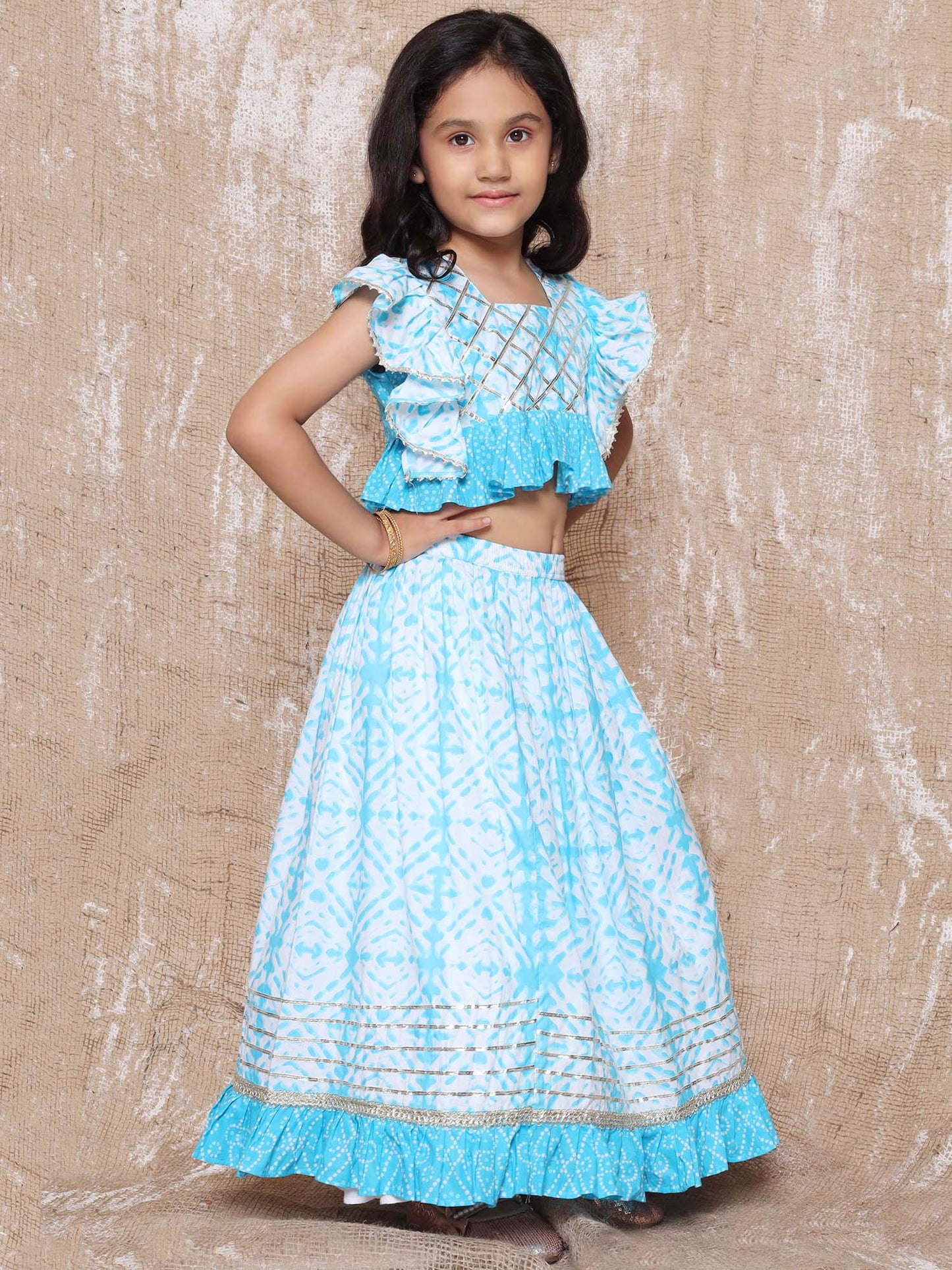 Kids Cotton Bandhani Print Sleeveless Blue Lehenga Choli Set For Girls