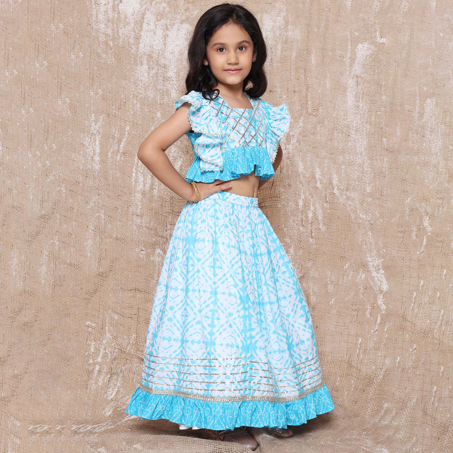 Kids Cotton Bandhani Print Sleeveless Lehenga Choli Set For Girls