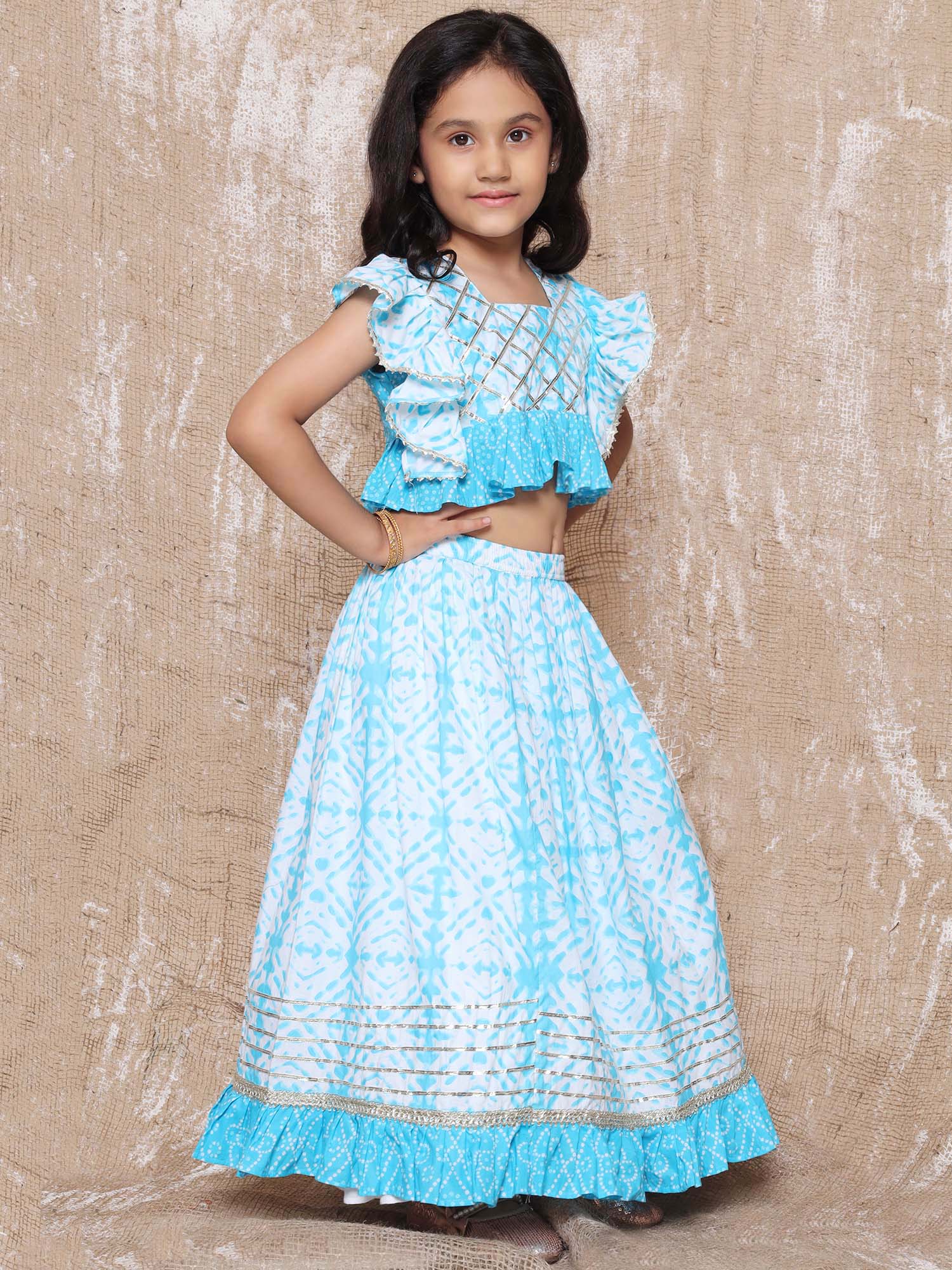 Kids Cotton Bandhani Print Sleeveless Lehenga Choli Set For Girls