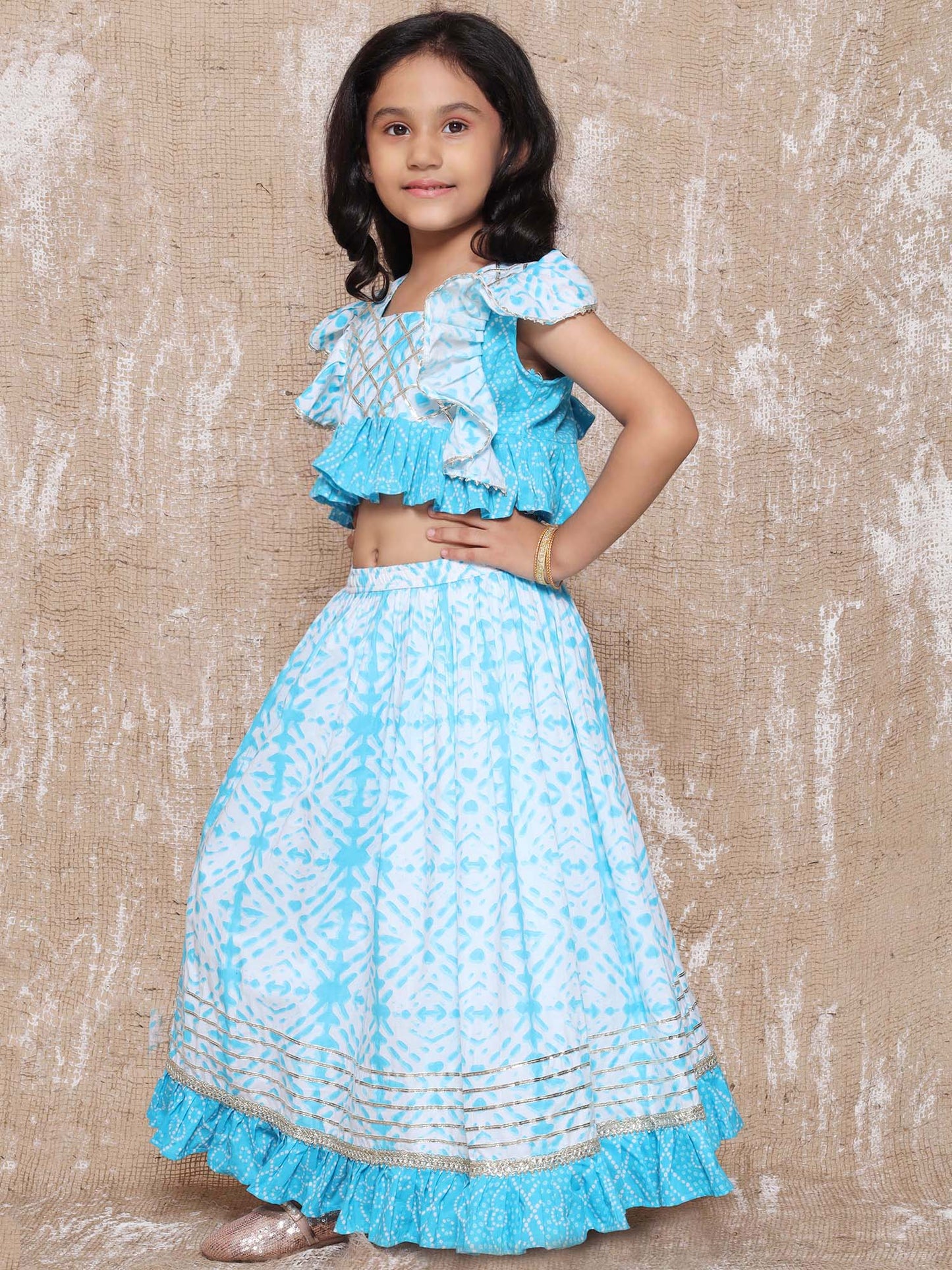 Kids Cotton Bandhani Print Sleeveless Blue Lehenga Choli Set For Girls