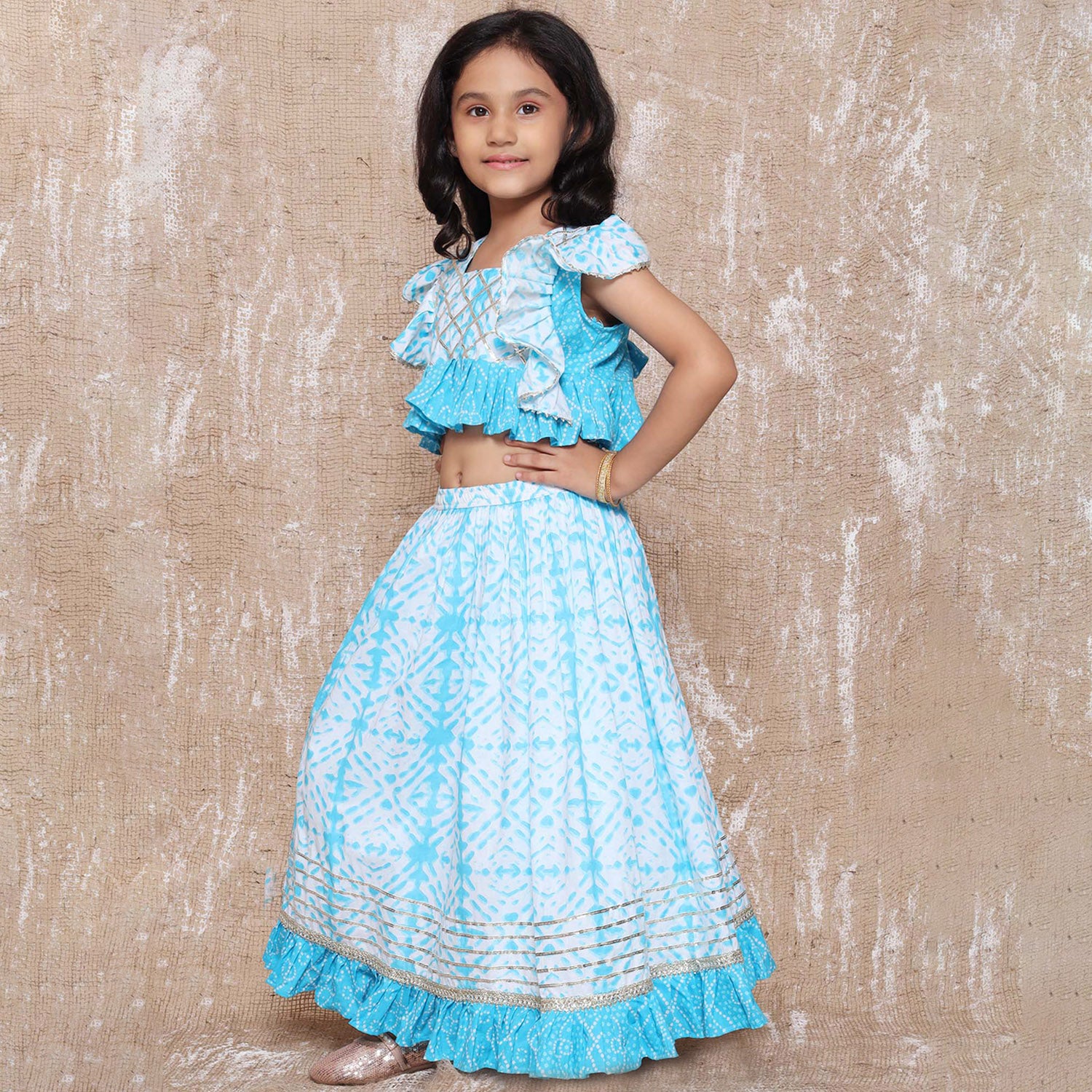 Kids Cotton Bandhani Print Sleeveless Lehenga Choli Set For Girls