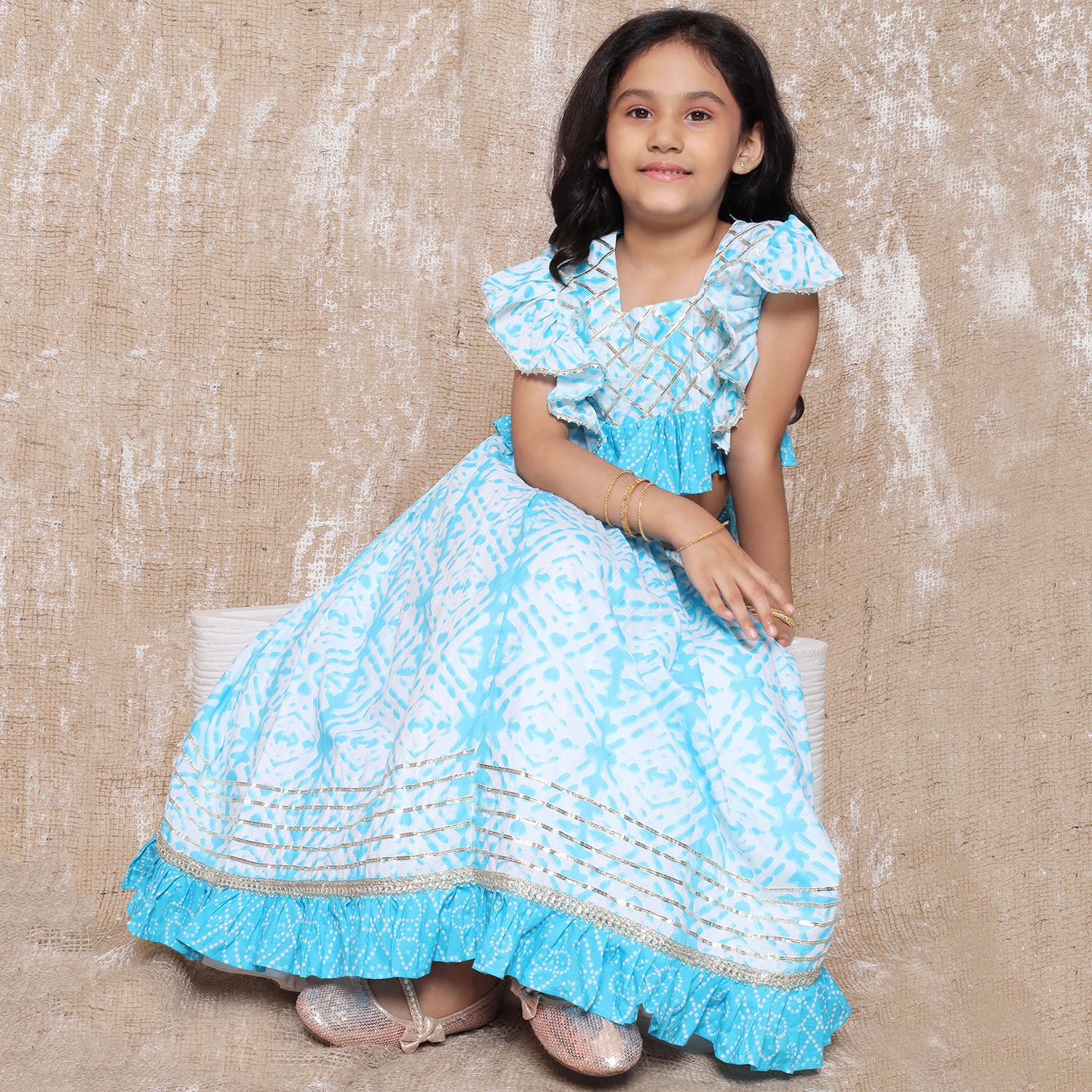 Kids Cotton Bandhani Print Sleeveless Lehenga Choli Set For Girls