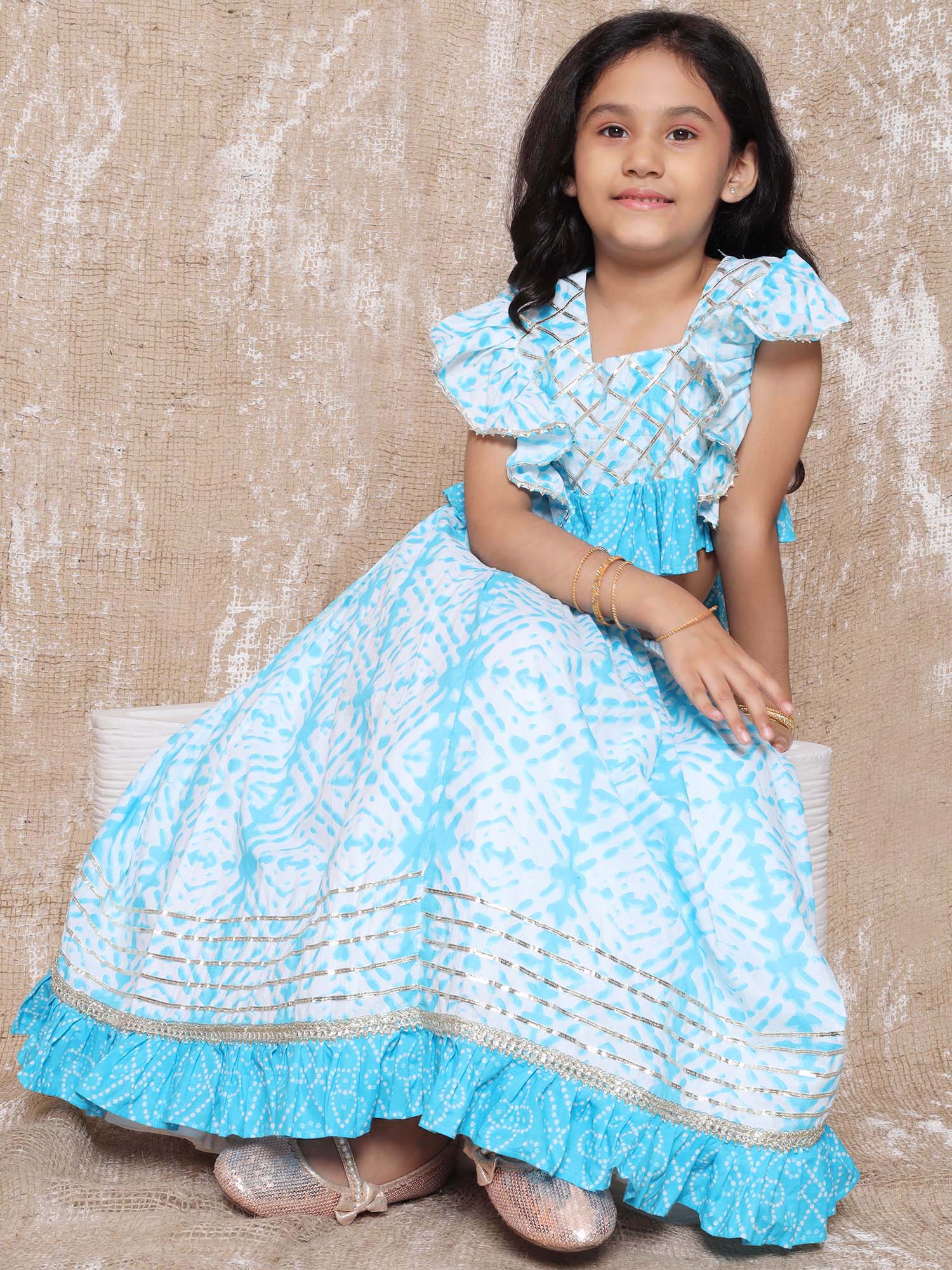 Kids Cotton Bandhani Print Sleeveless Lehenga Choli Set For Girls