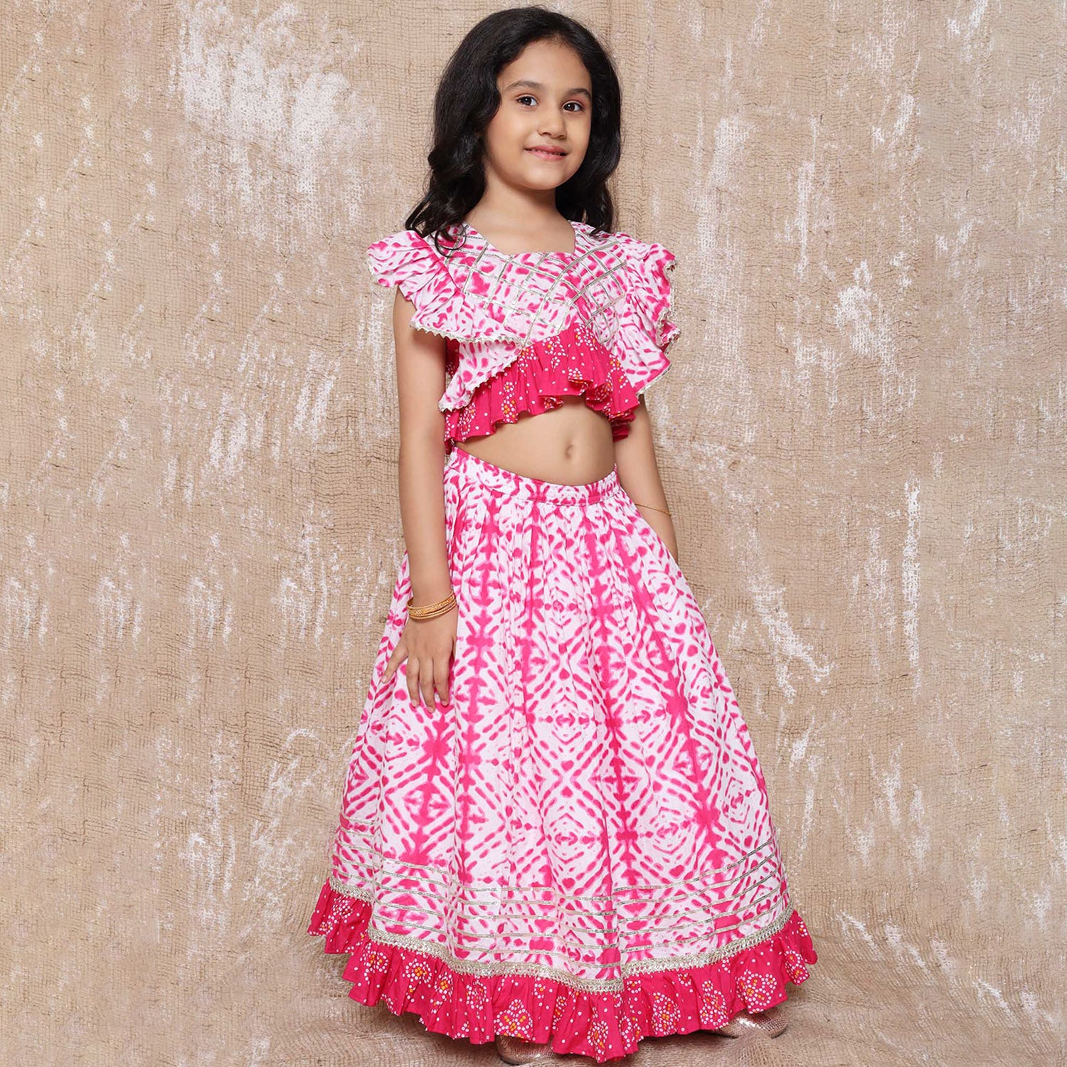 Kids Cotton Bandhani Print Sleeveless Lehenga Choli Set For Girls