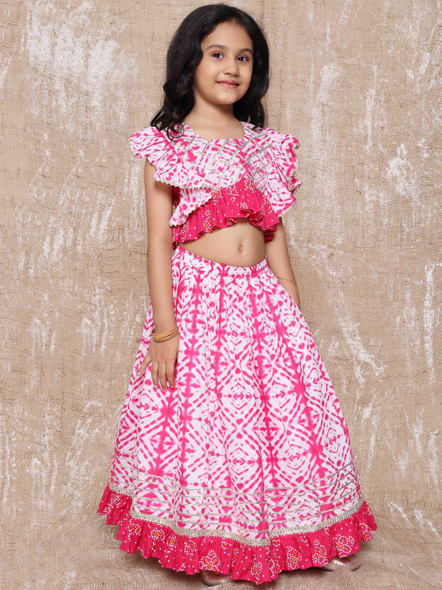 Kids Cotton Bandhani Print Sleeveless Lehenga Choli Set For Girls