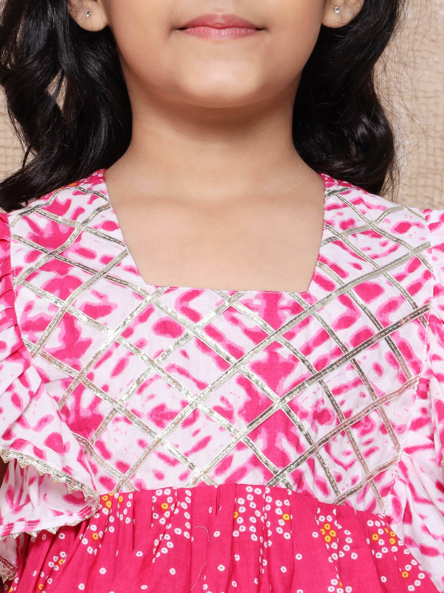 Kids Cotton Bandhani Print Sleeveless Pink Lehenga Choli Set For Girls