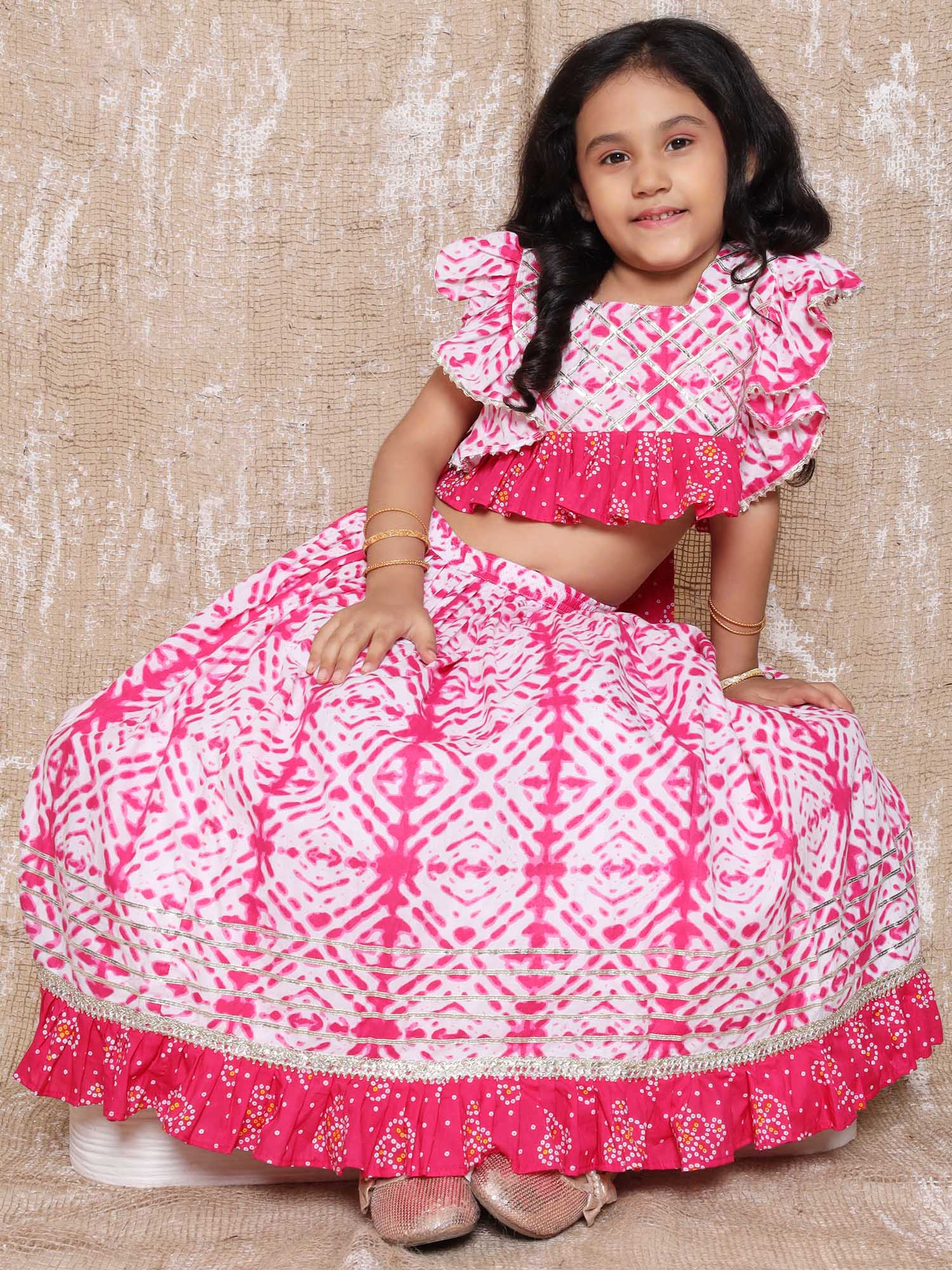 Kids Cotton Bandhani Print Sleeveless Lehenga Choli Set For Girls