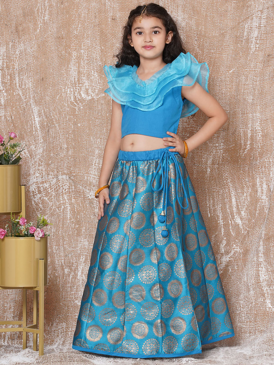 Girls Cotton Woven Design Print Sleeveless Blue Lehenga Choli Set