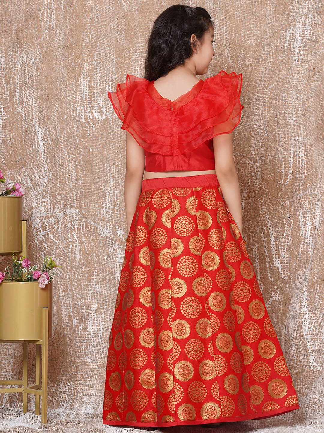 Girls Cotton Woven Design Print Sleeveless Red Lehenga Choli Set