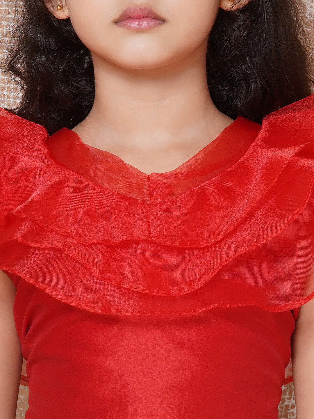 Girls Cotton Woven Design Print Sleeveless Red Lehenga Choli Set