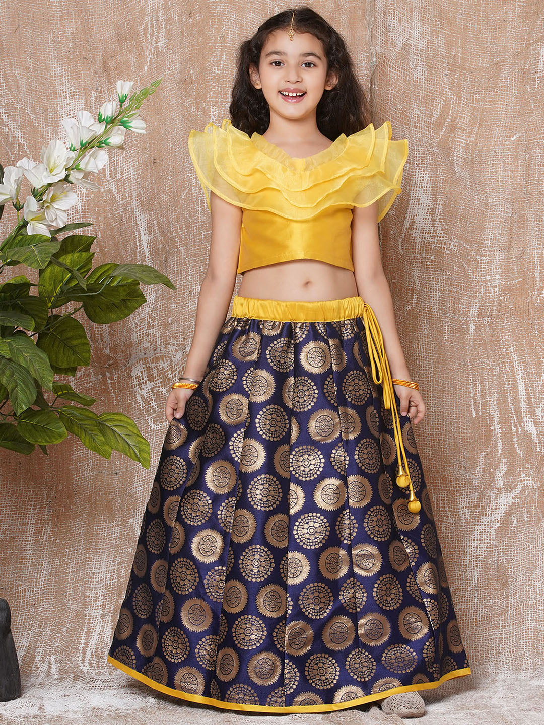 Kids Girls Yellow Solid Brocade Lehenga Choli