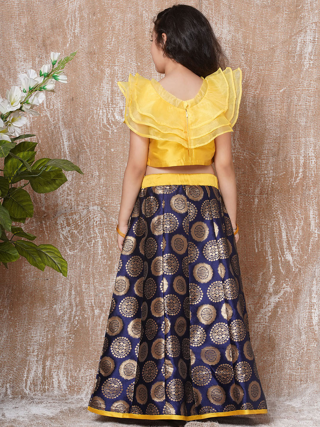 Kids Girls Yellow Solid Brocade Lehenga Choli