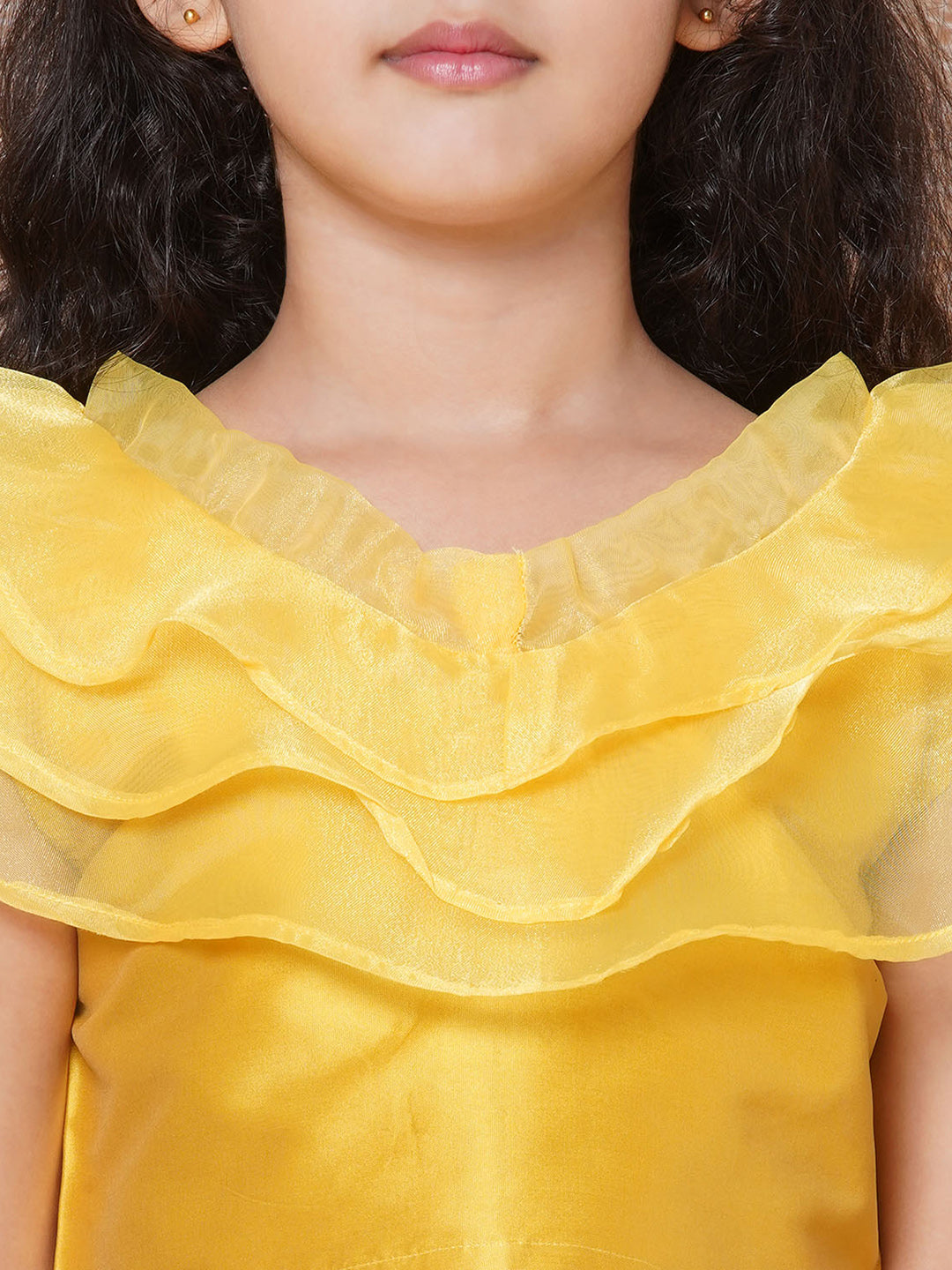 Girls Cotton Wooven Desgin Print Sleeveless Yellow Lehenga Choli Set