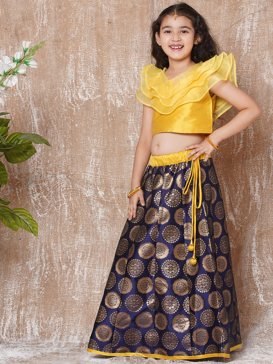 Kids Girls Yellow Solid Brocade Lehenga Choli