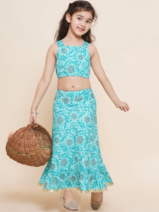 Kids Cotton Floral Printed Sleeveless Firozi Lehenga Choli Set For Girls