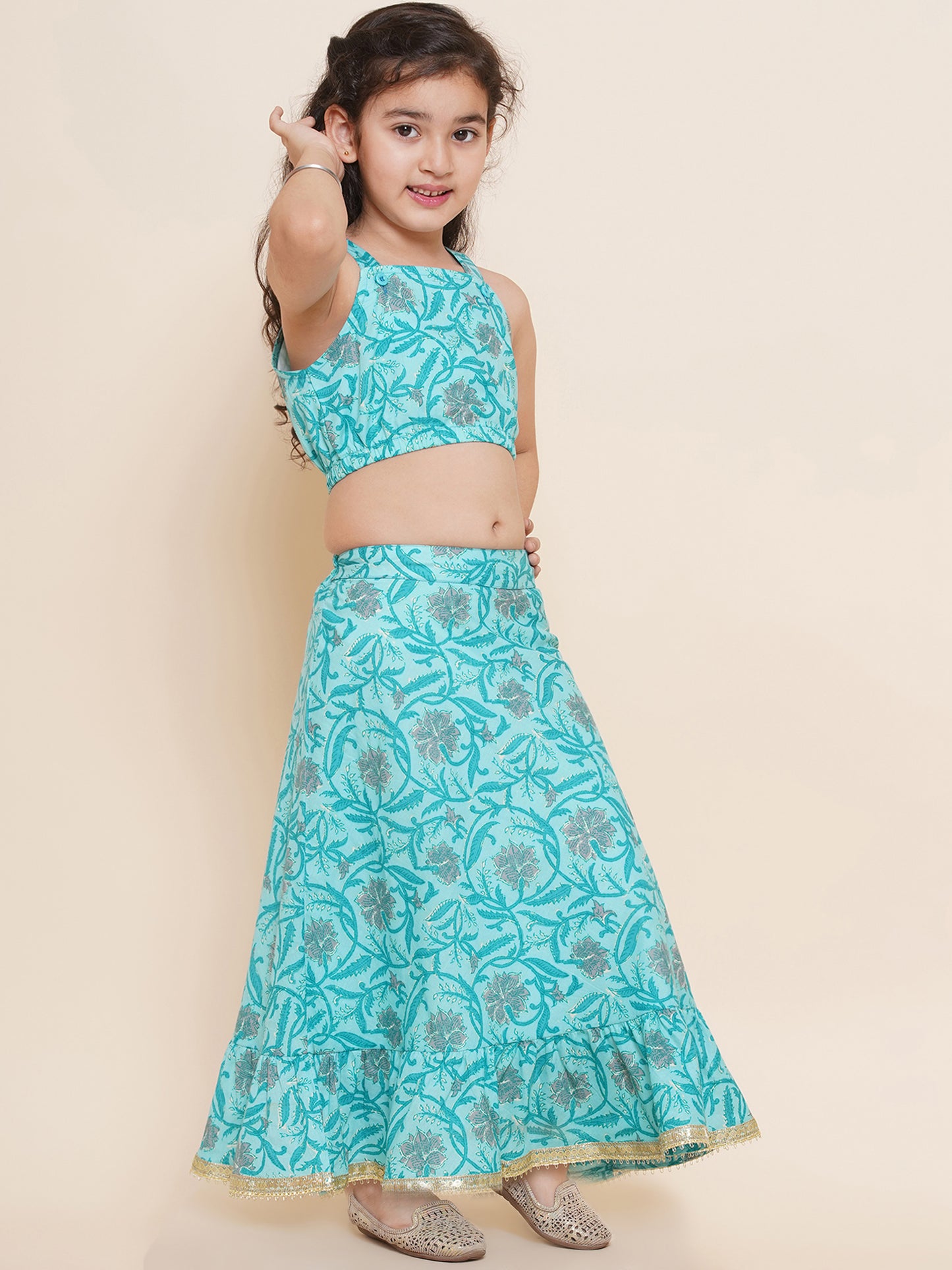Kids Cotton Floral Printed Sleeveless Firozi Lehenga Choli Set For Girls