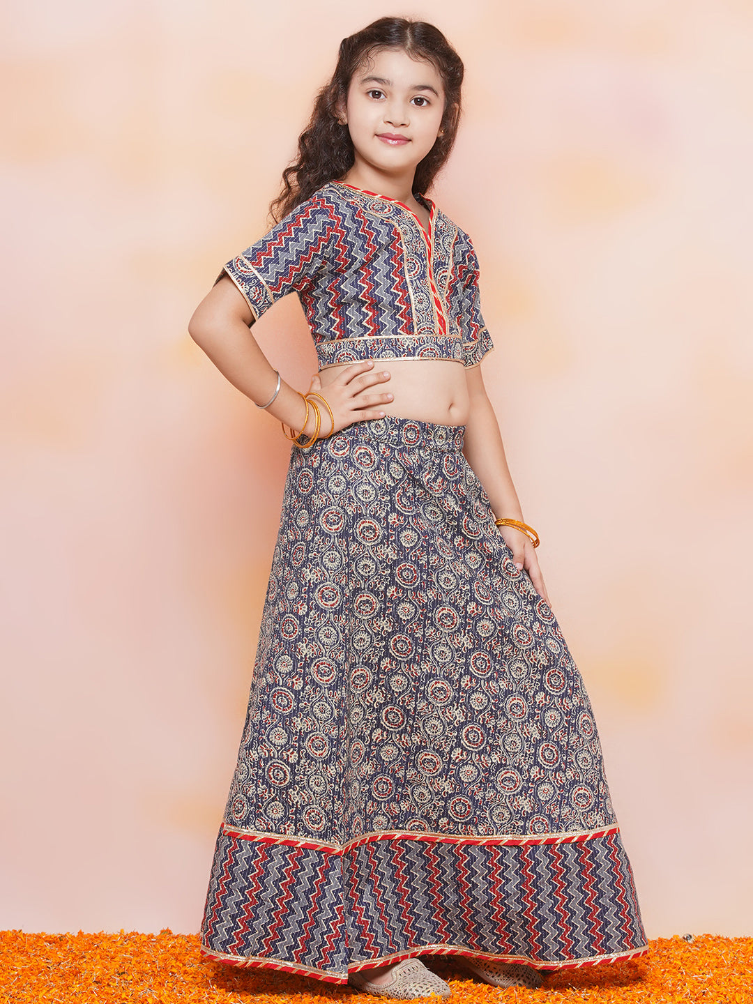 Kids Girls Blue Striped Cotton Lehenga Choli - AJ Dezines