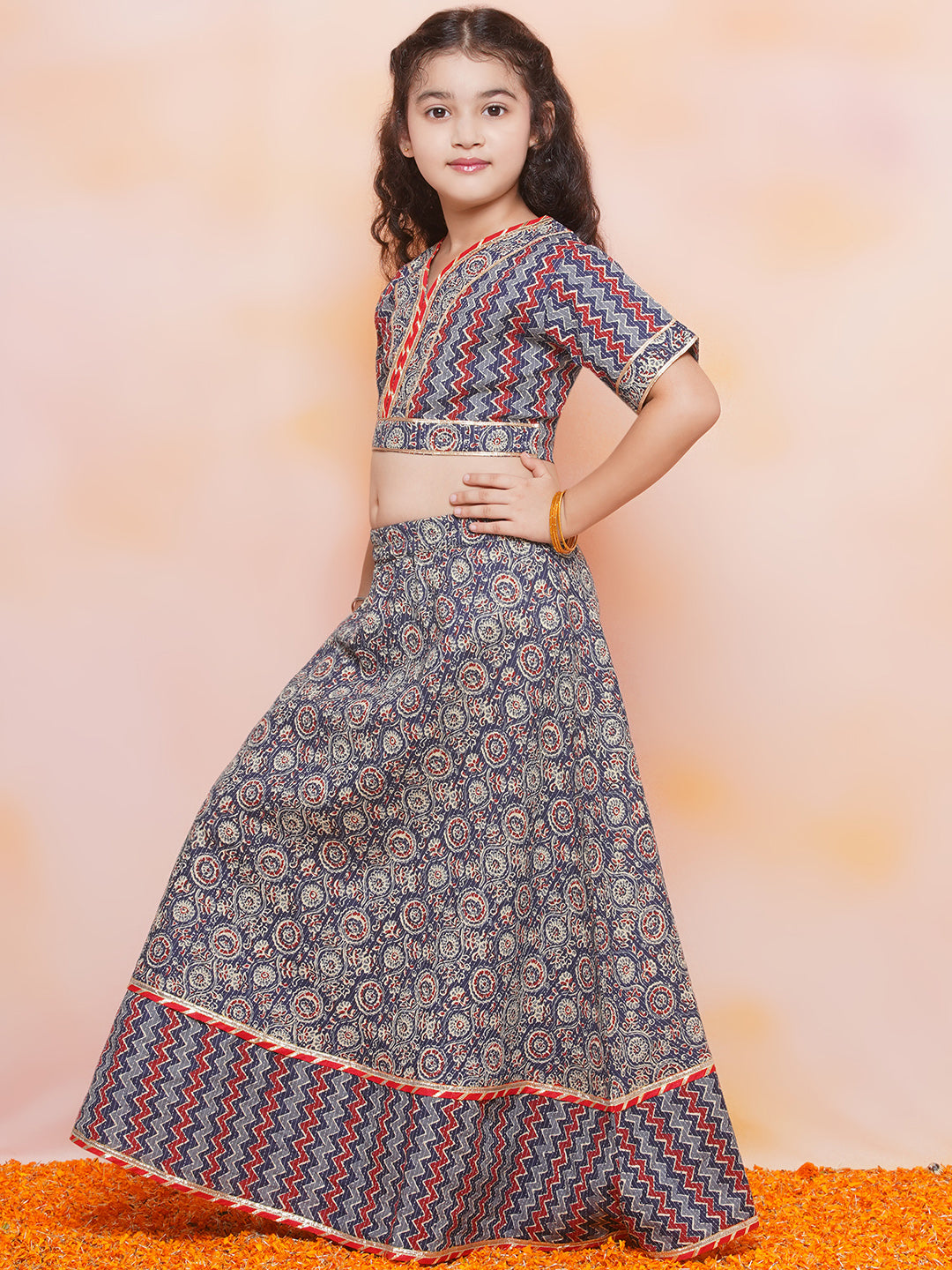 Kids Girls Blue Striped Cotton Lehenga Choli - AJ Dezines