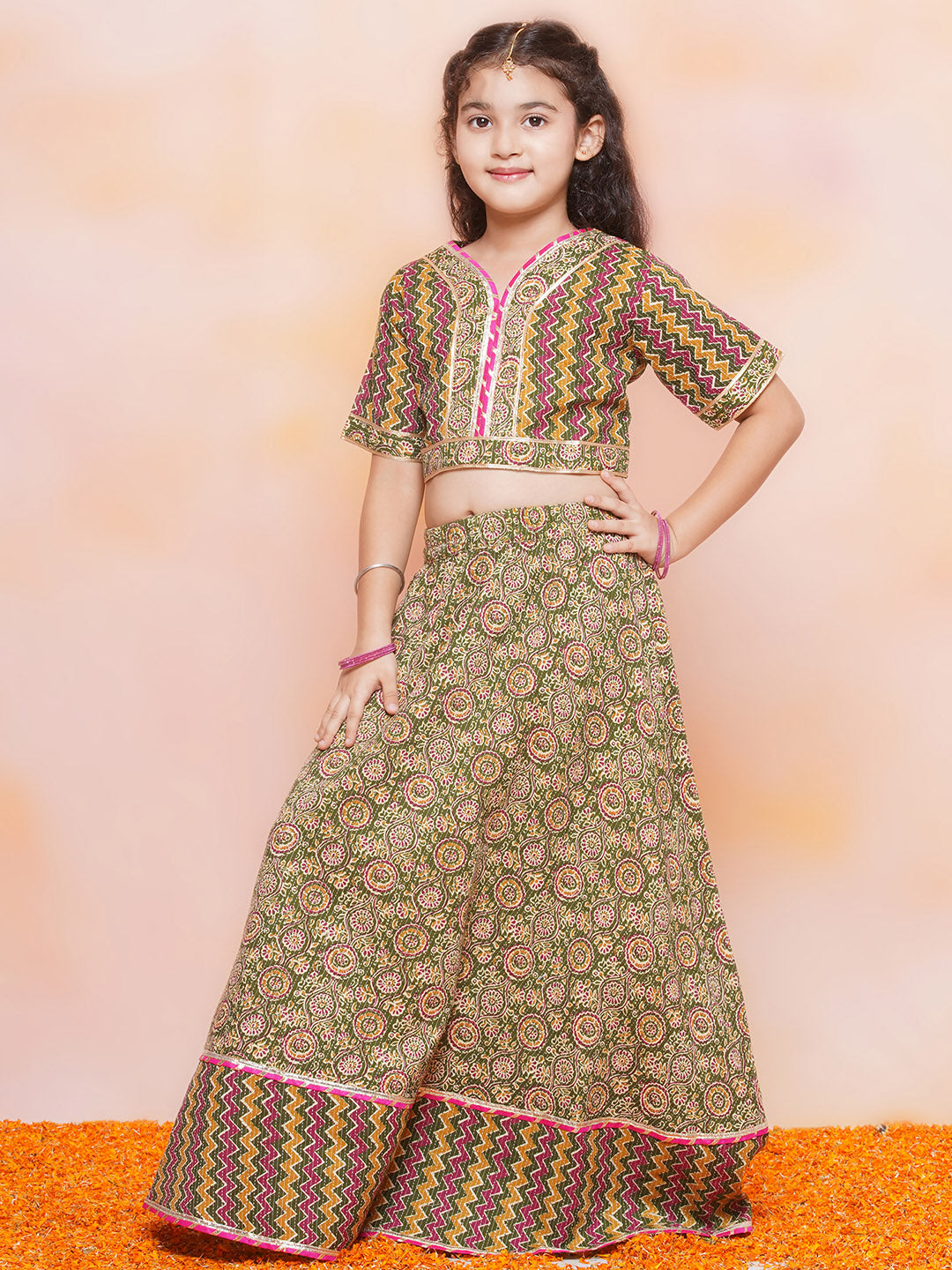 Kids Girls Green Striped Cotton Lehenga Choli - AJ Dezines