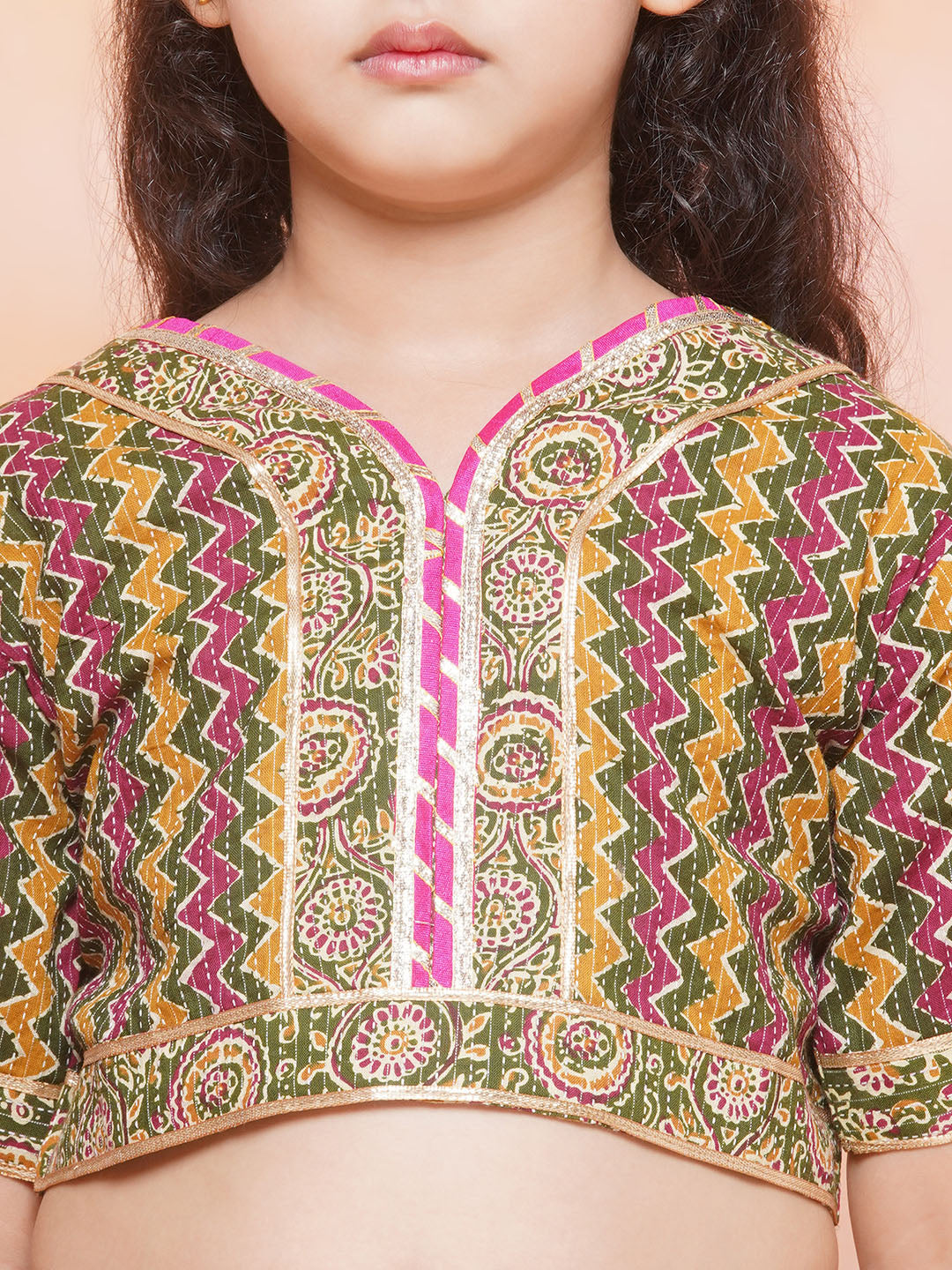 Kids Girls Green Striped Cotton Lehenga Choli - AJ Dezines