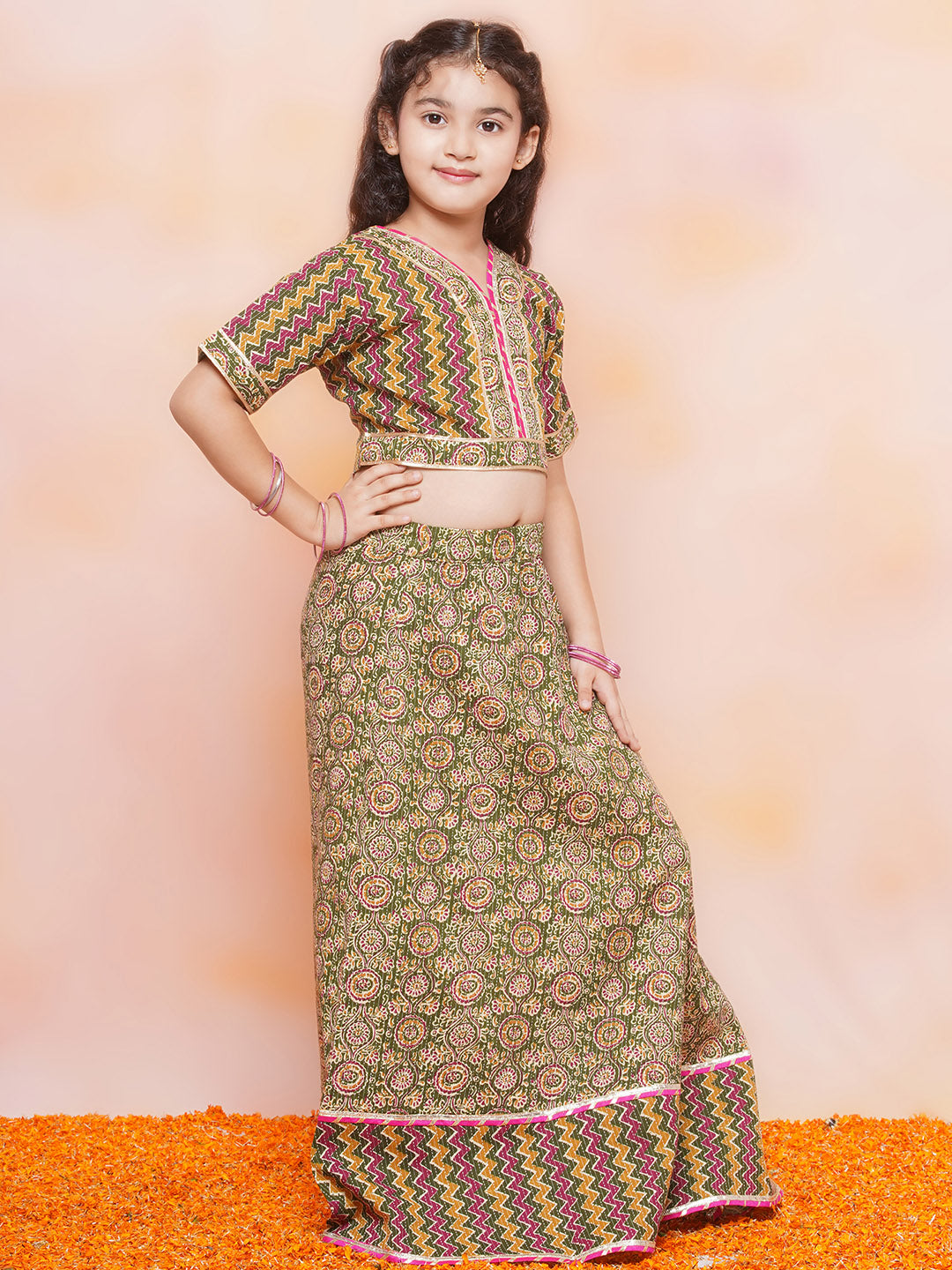 Kids Girls Green Striped Cotton Lehenga Choli - AJ Dezines