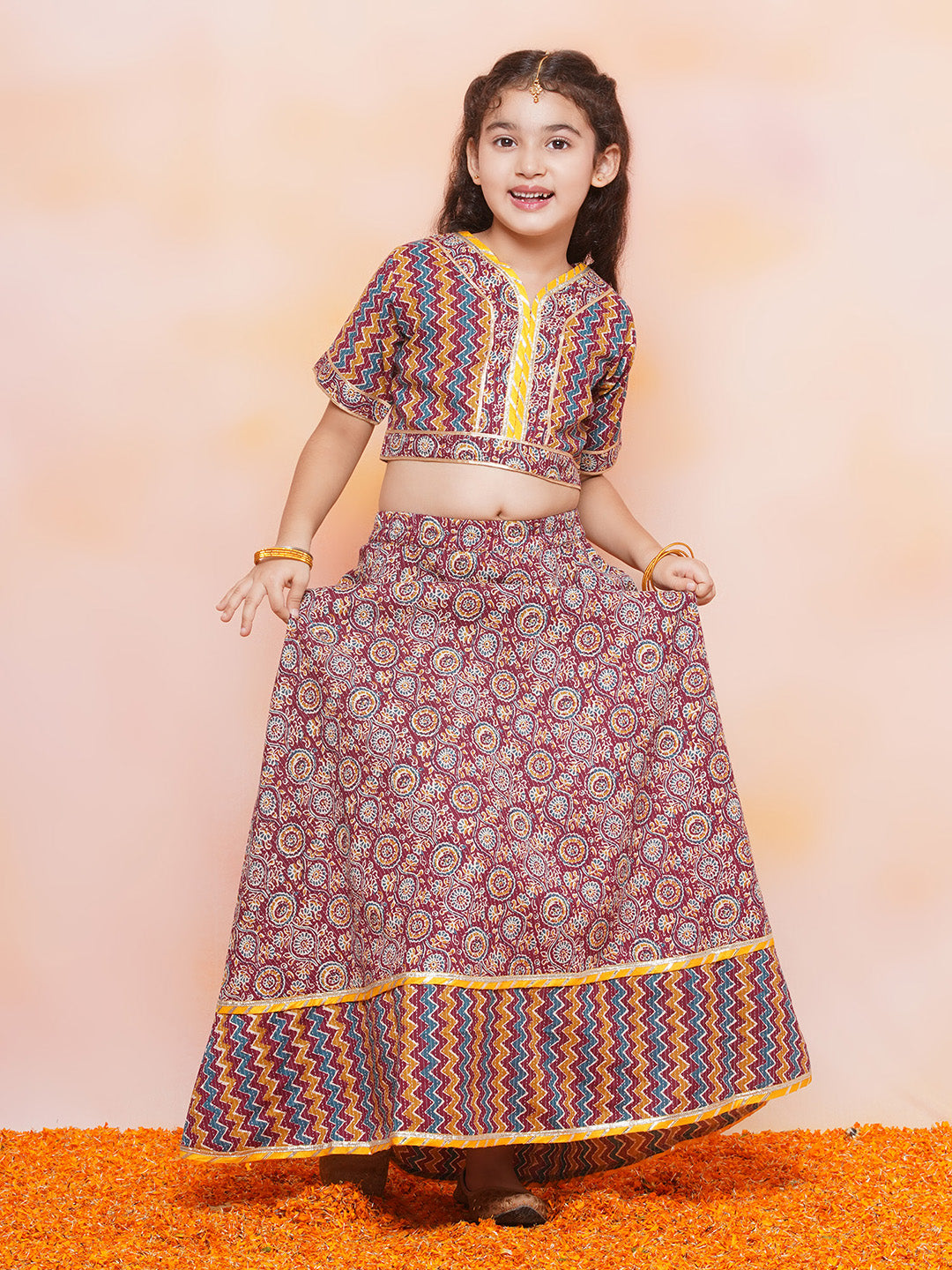 Kids Cotton Zigzag Print half Sleeve Maroon Lehenga Choli Set For Girls