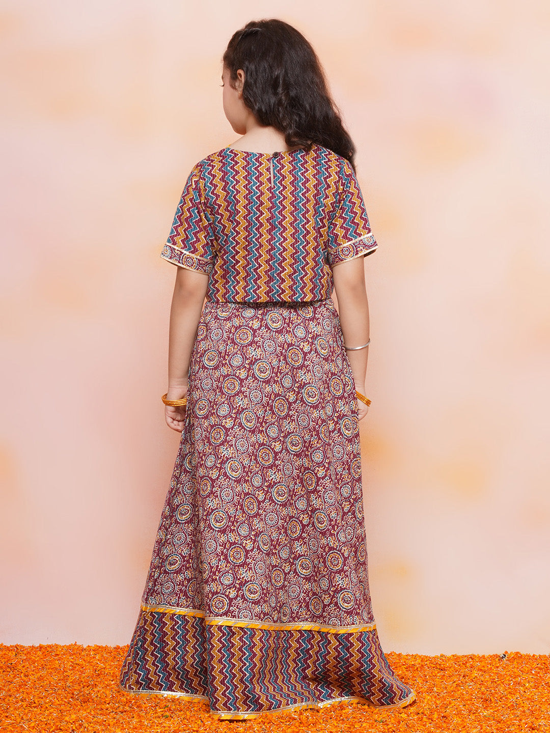 Kids Girls Maroon Zig Zag Cotton Lehenga Choli - AJ Dezines