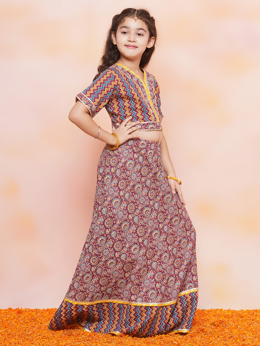 Kids Girls Maroon Zig Zag Cotton Lehenga Choli - AJ Dezines