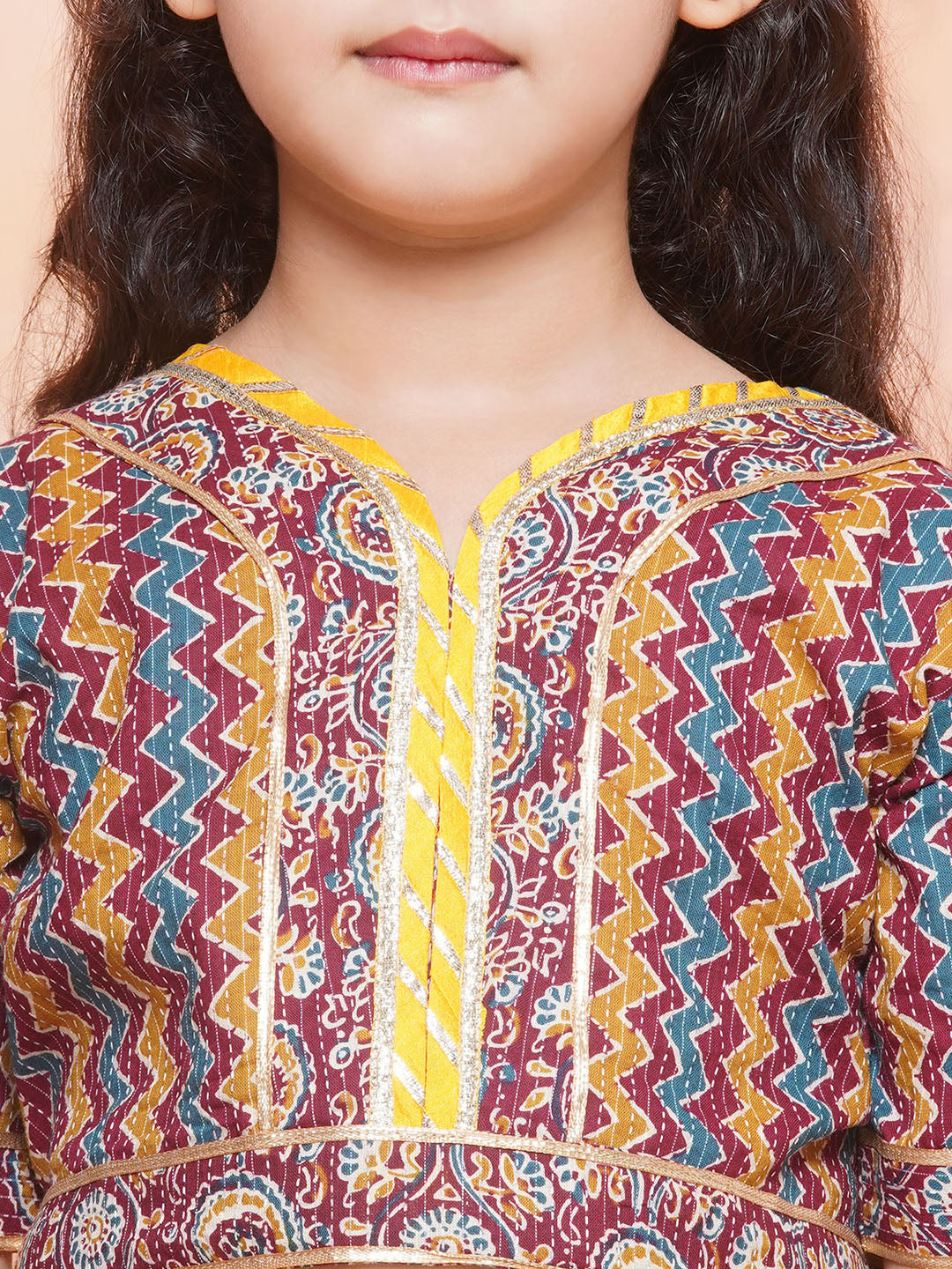 Kids Girls Maroon Zig Zag Cotton Lehenga Choli - AJ Dezines