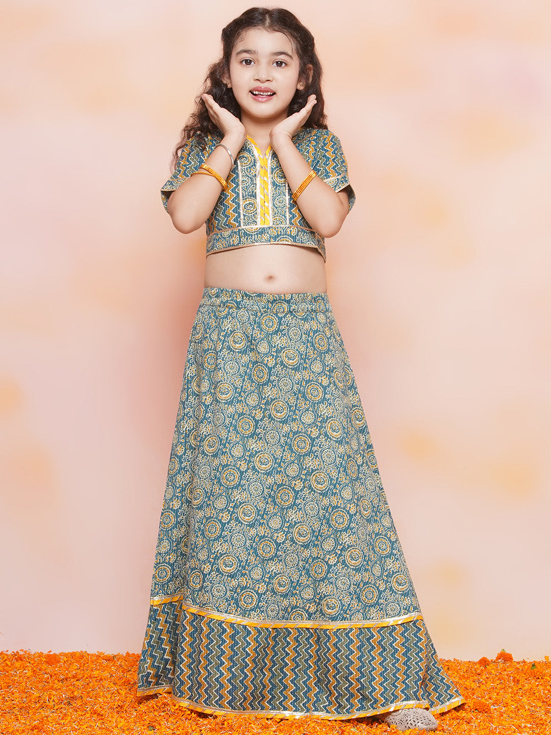 Kids Girls TEAL-Blue Zig Zag Cotton Lehenga Choli - AJ Dezines