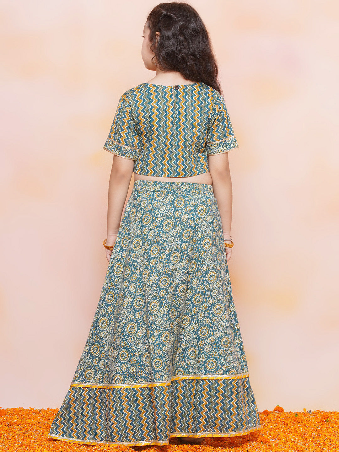 Kids Girls TEAL-Blue Zig Zag Cotton Lehenga Choli - AJ Dezines