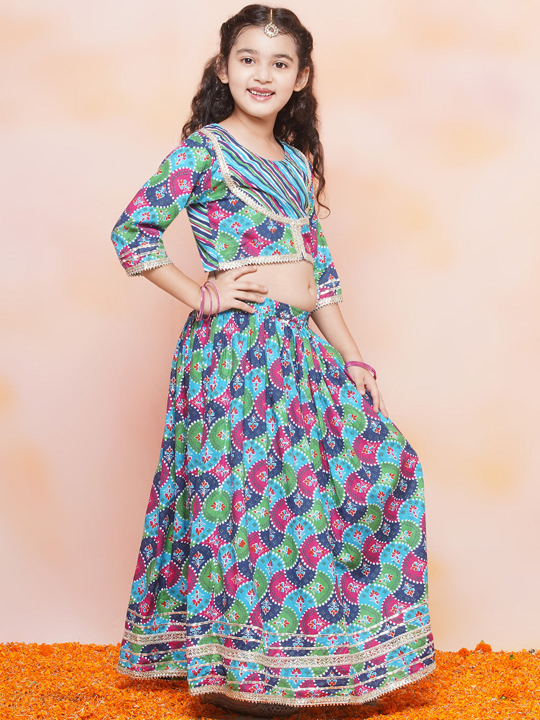 Kids Girls Blue Printed Cotton Lehenga Choli - AJ Dezines
