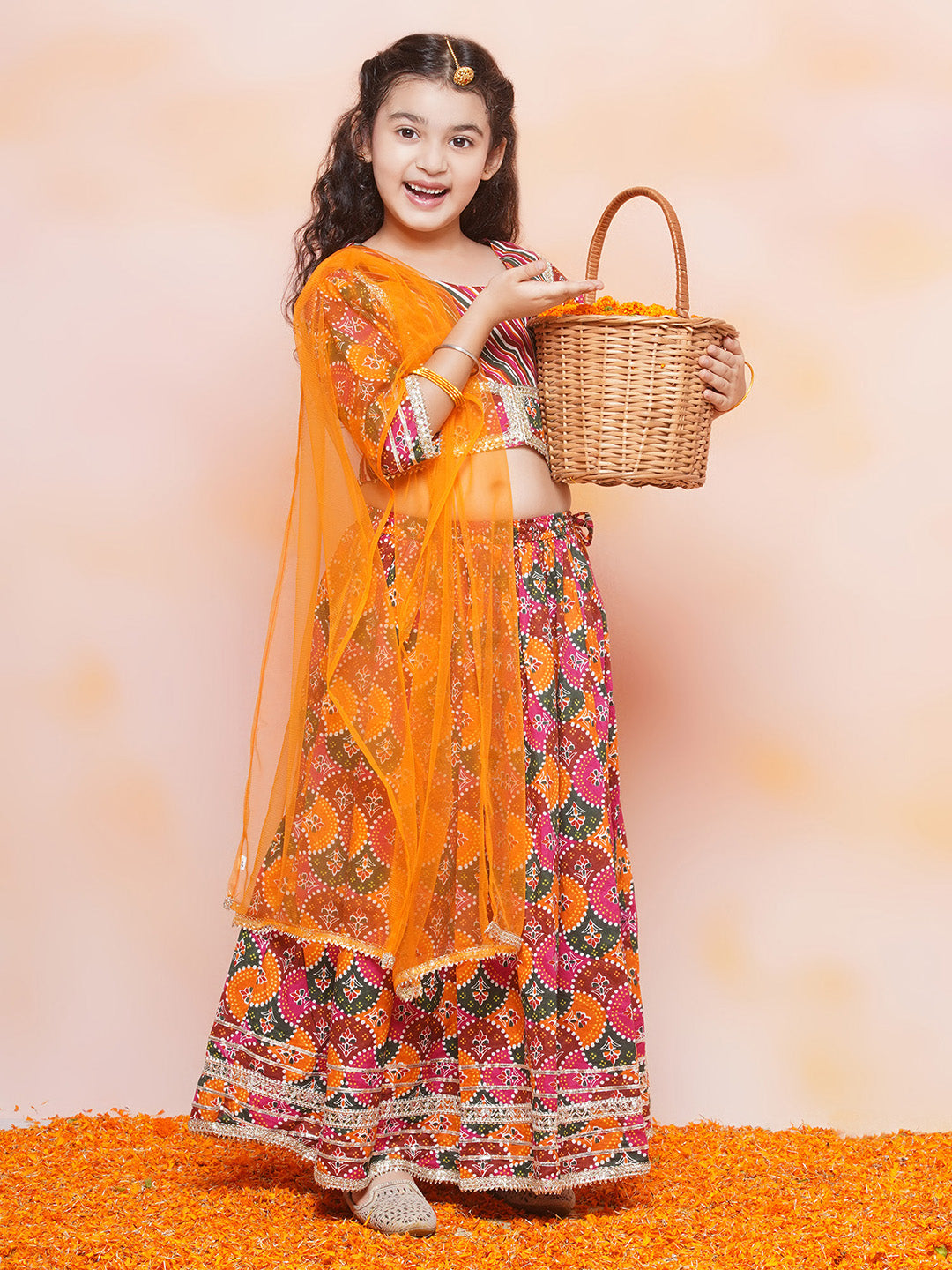 Kids Girls Orange Printed Cotton Lehenga Choli - AJ Dezines