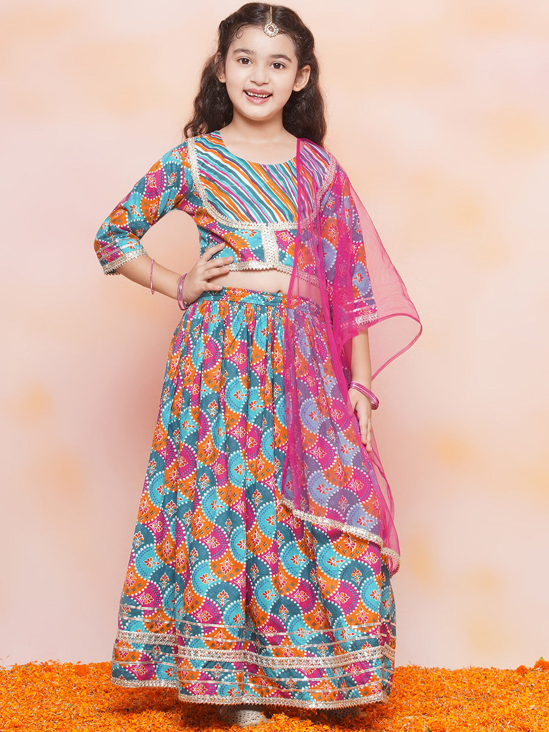 Kids Girls Pink Printed Cotton Lehenga Choli - Main Image