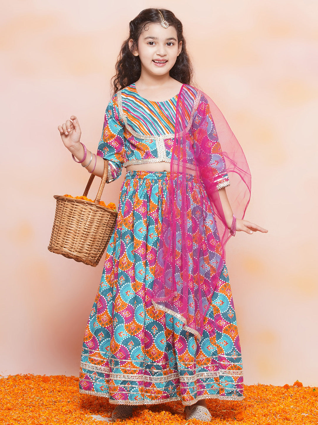 Festive Bloom Pink Girls Cotton Lehenga Choli Set