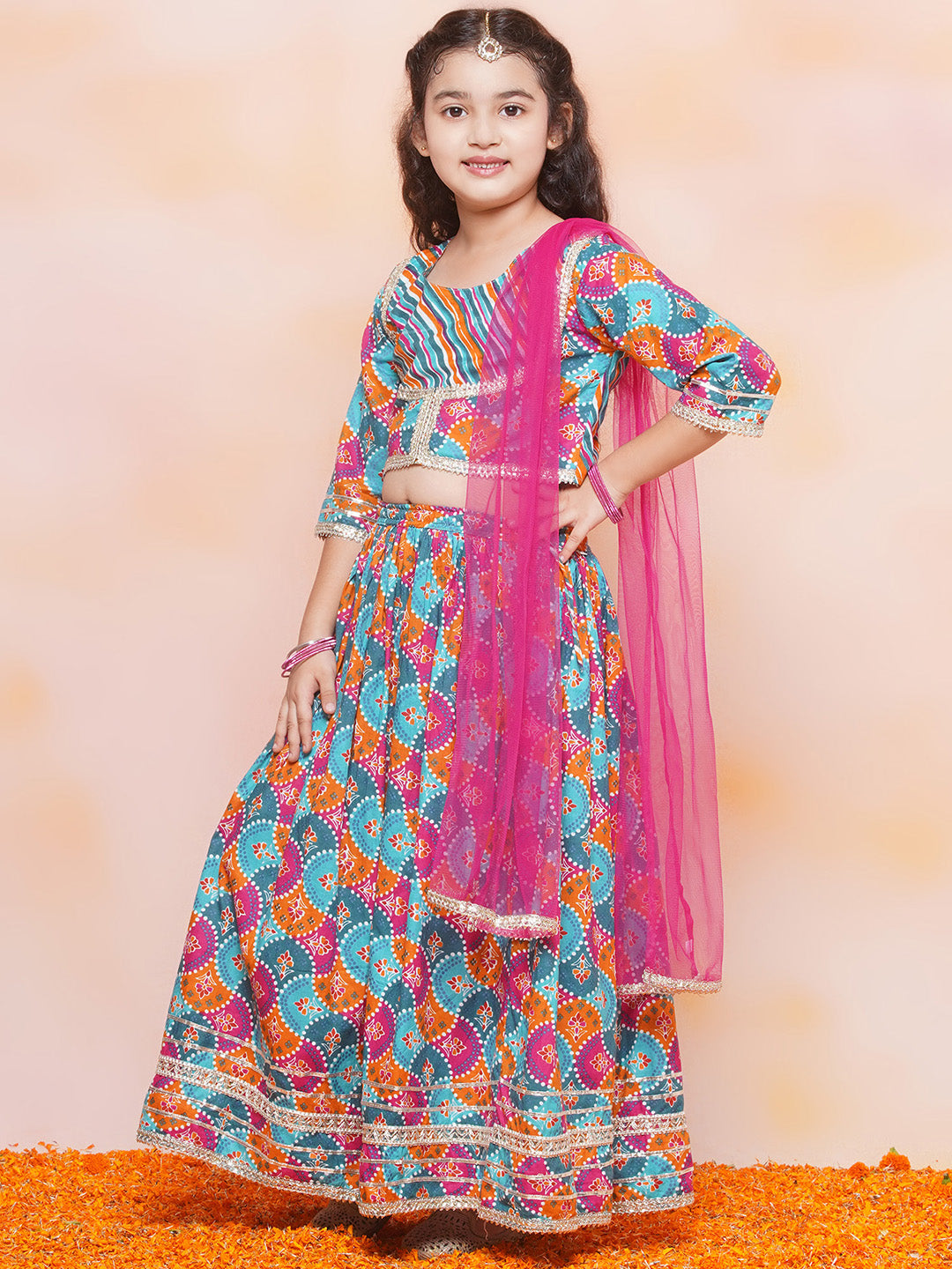 Festive Bloom Pink Girls Cotton Lehenga Choli Set