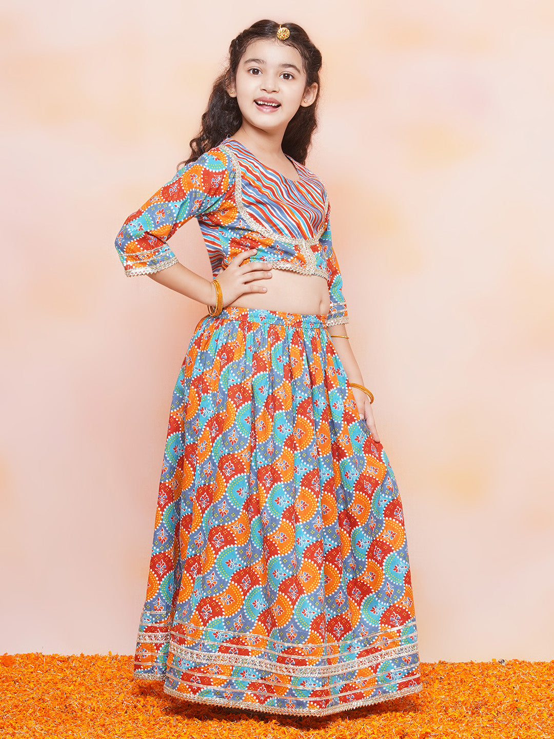 Festive Bloom Blue Girls Cotton Lehenga Choli Set - AJ Dezines