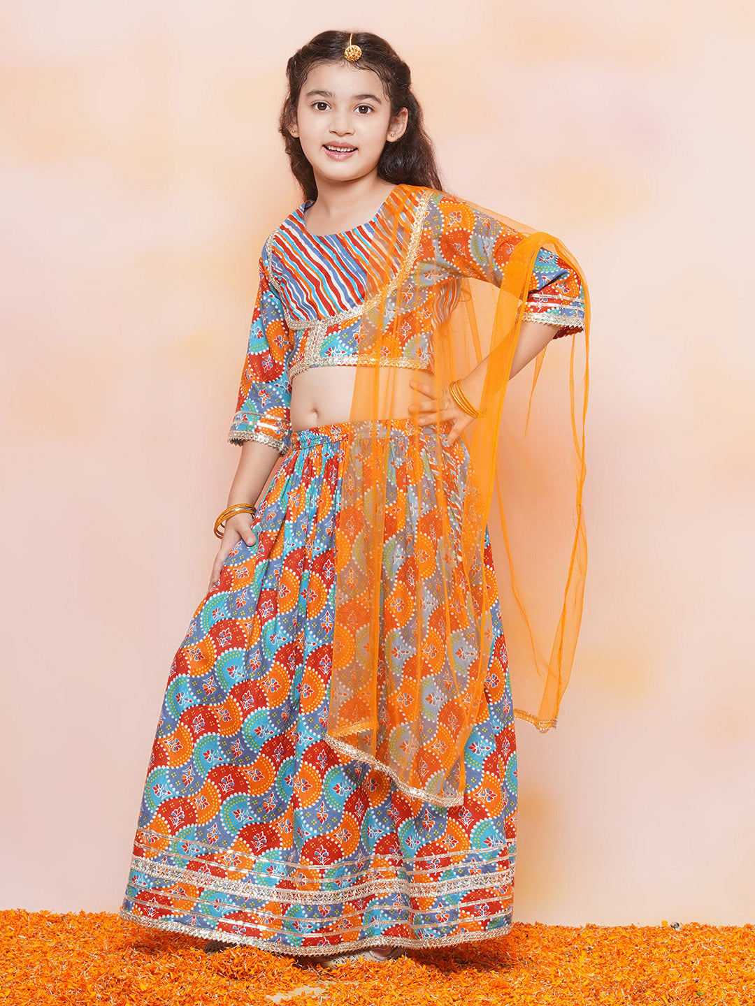 Festive Bloom Blue Girls Cotton Lehenga Choli Set - AJ Dezines