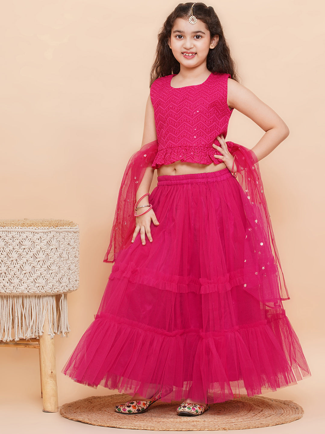 DARK PINK Net Sequenced Sleeveless Flared Lehenga Choli for Girls