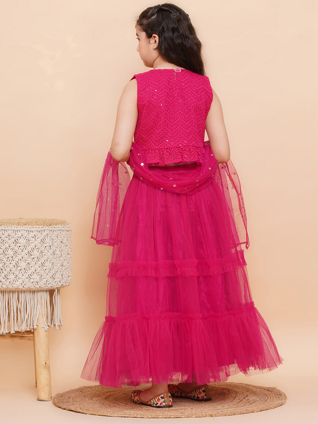 DARK PINK Net Sequenced Sleeveless Flared Lehenga Choli for Girls