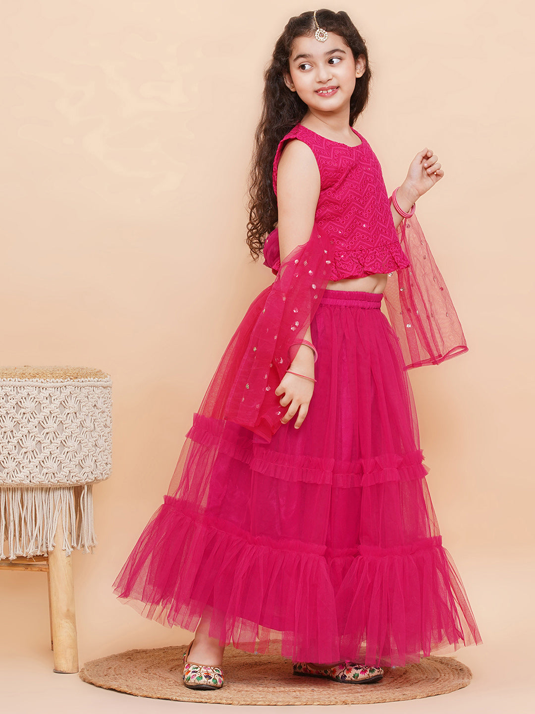 DARK PINK Net Sequenced Sleeveless Flared Lehenga Choli for Girls