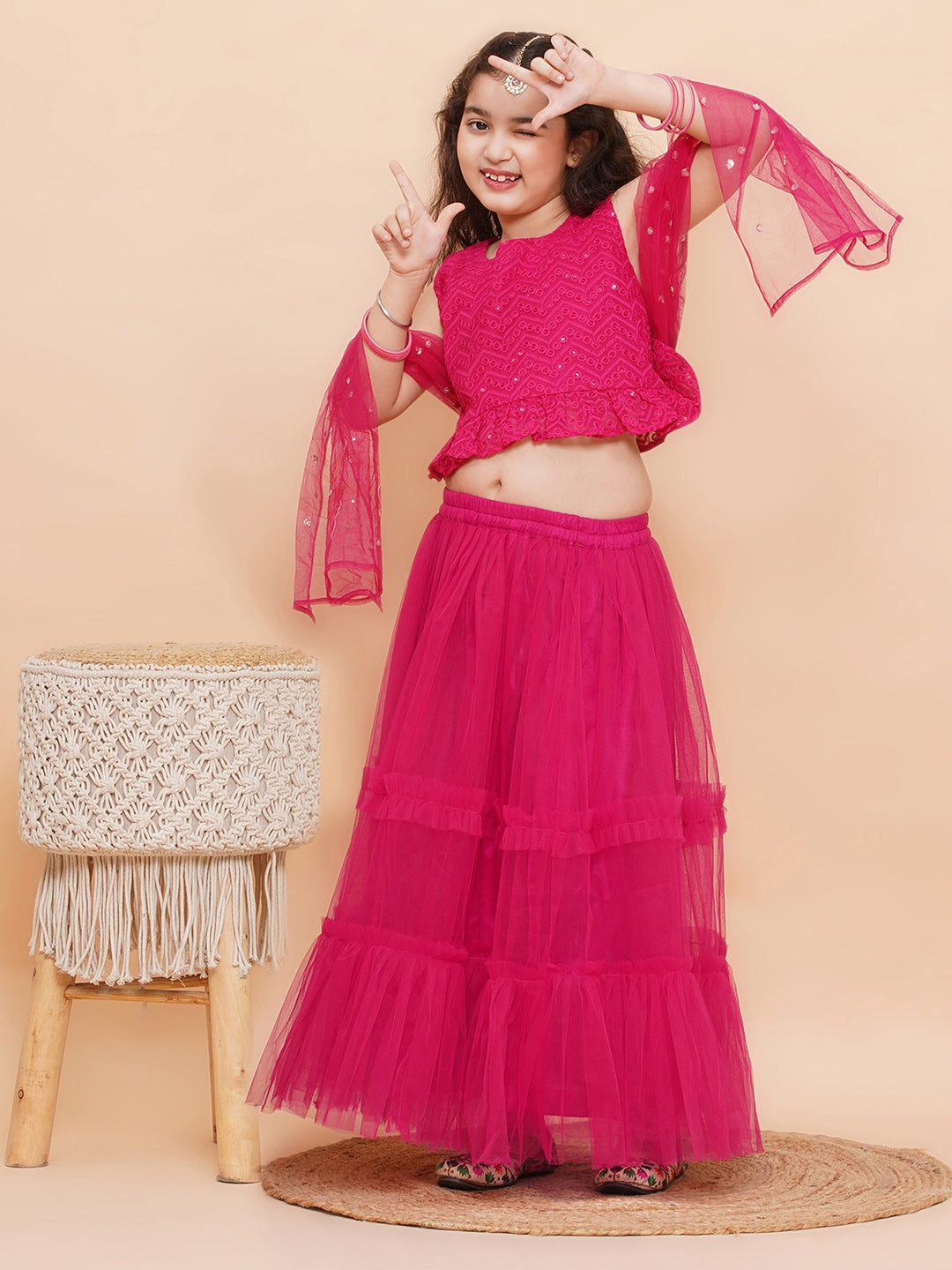 DARK PINK Net Sequenced Sleeveless Flared Lehenga Choli for Girls